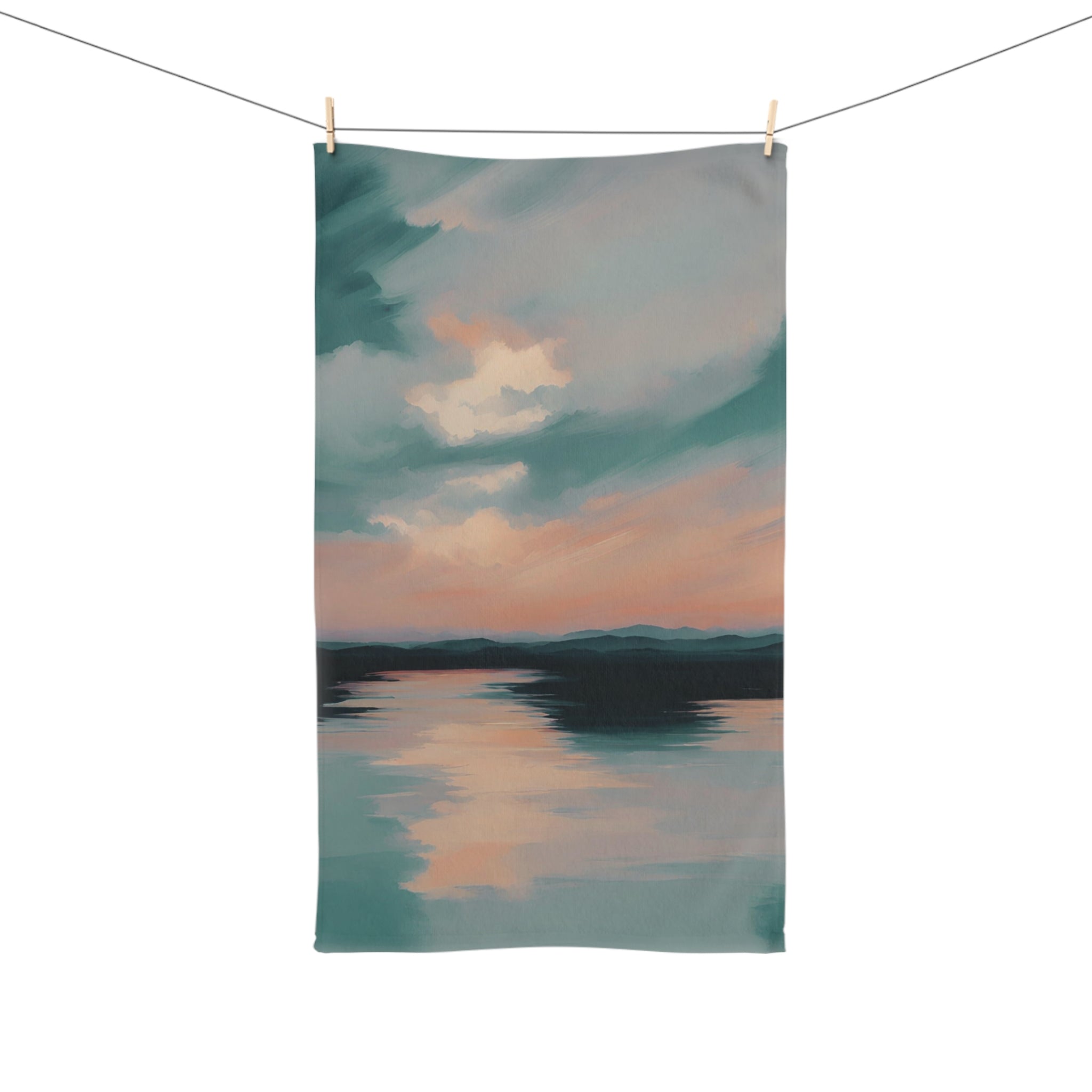 Abstract Kitchen, Bath Hand Towel | Ocean Sunset, Teal Orange