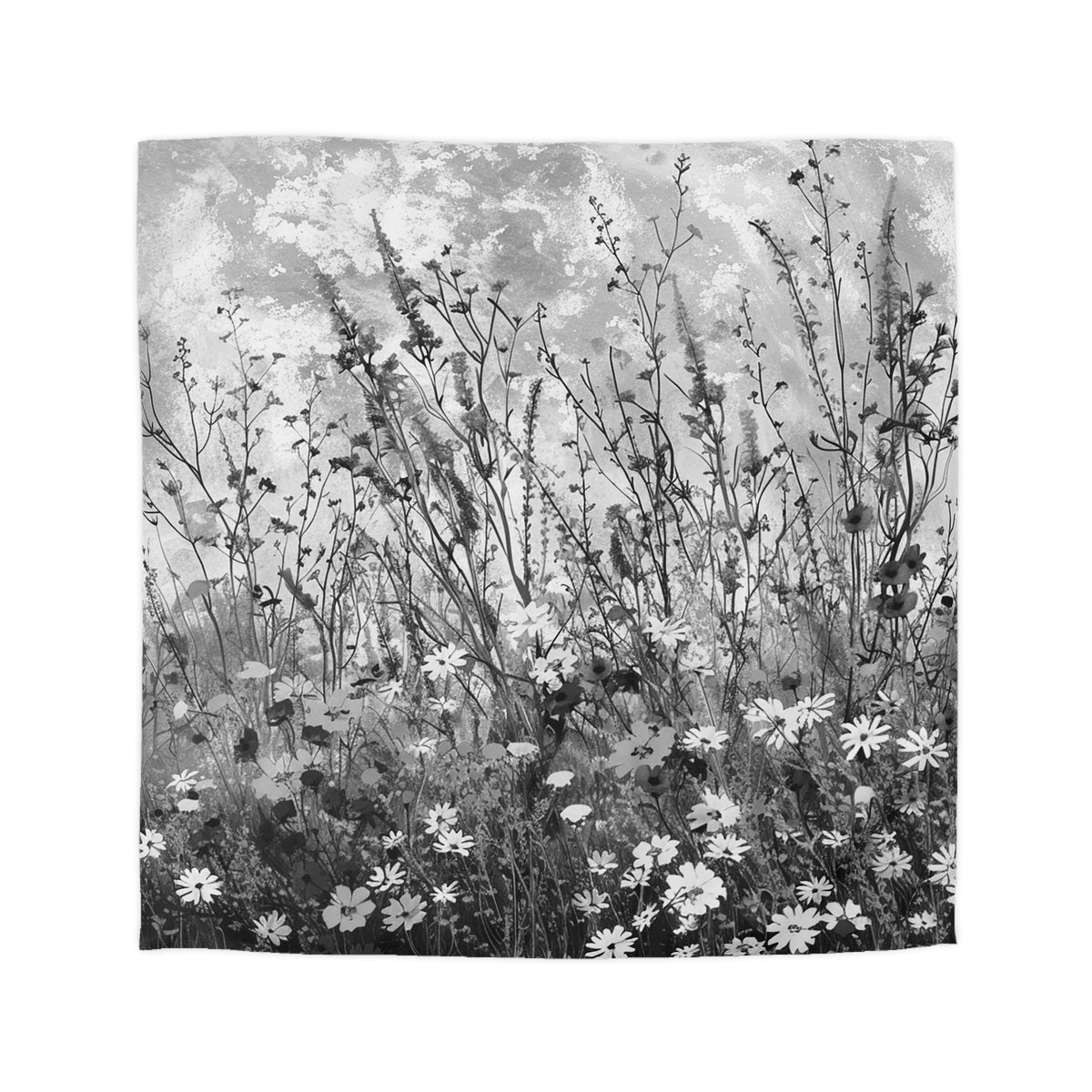A black and white image depicting a field of tall grass and wildflowers, with the grass and flowers in varying shades of white and gray.
