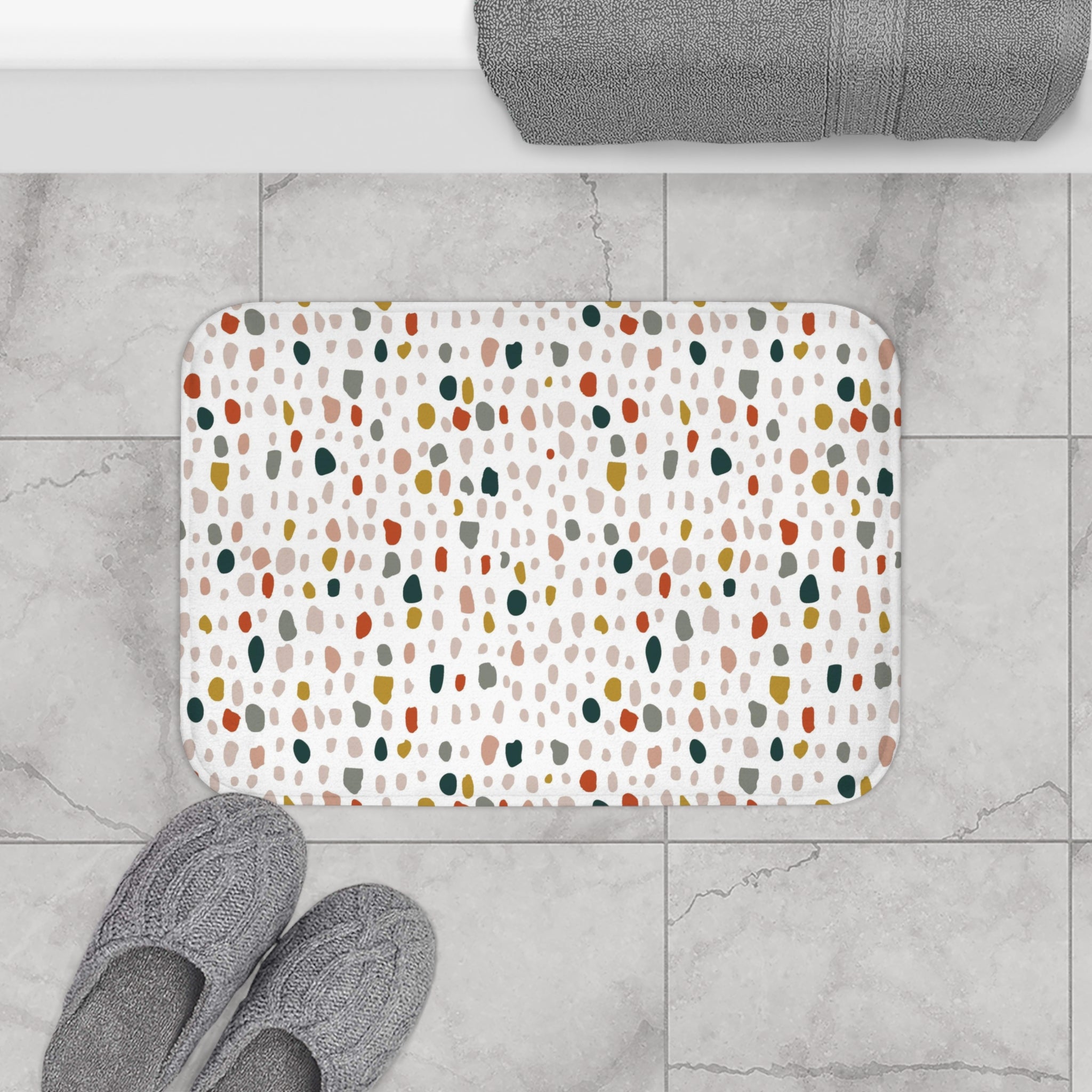 Abstract Boho Bath, Kitchen Mat, Rug | Colorful Blue Rust Yellow Blush Beige