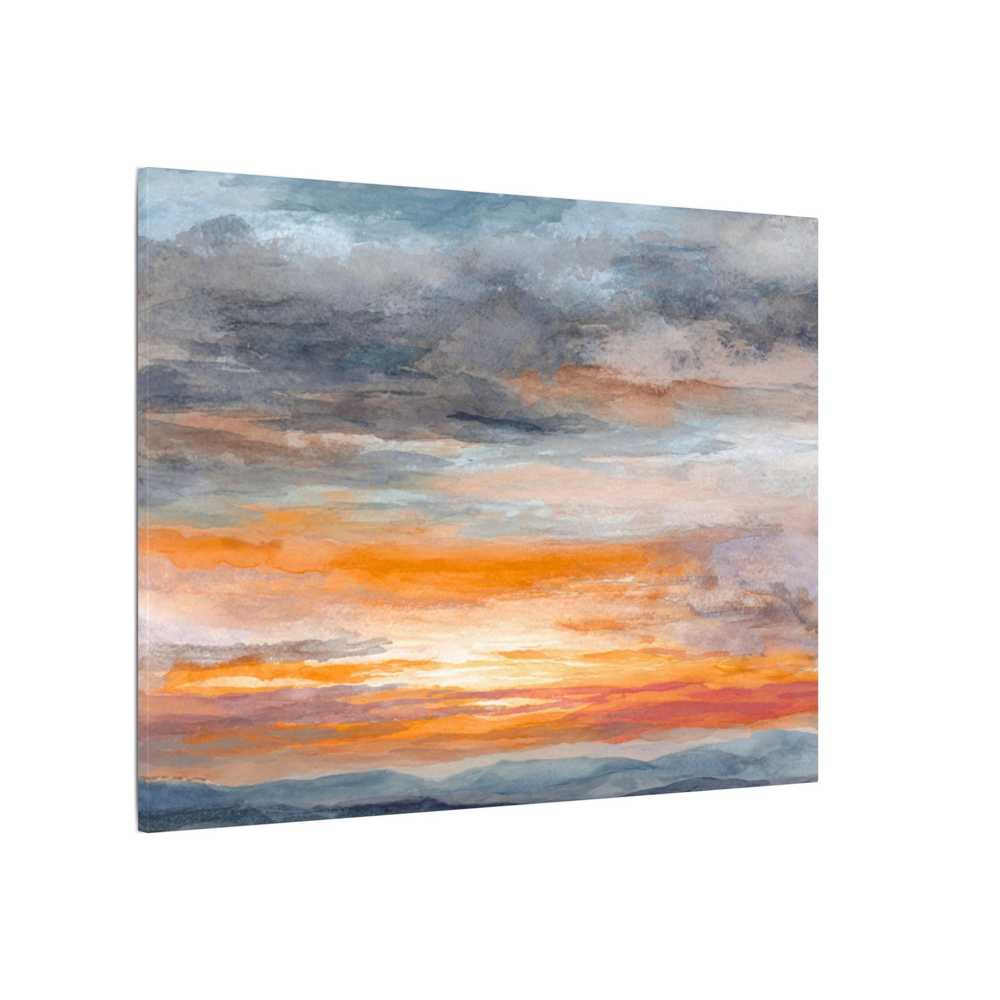 a serene landscape with a vibrant sunset over a mountainous terrain.
