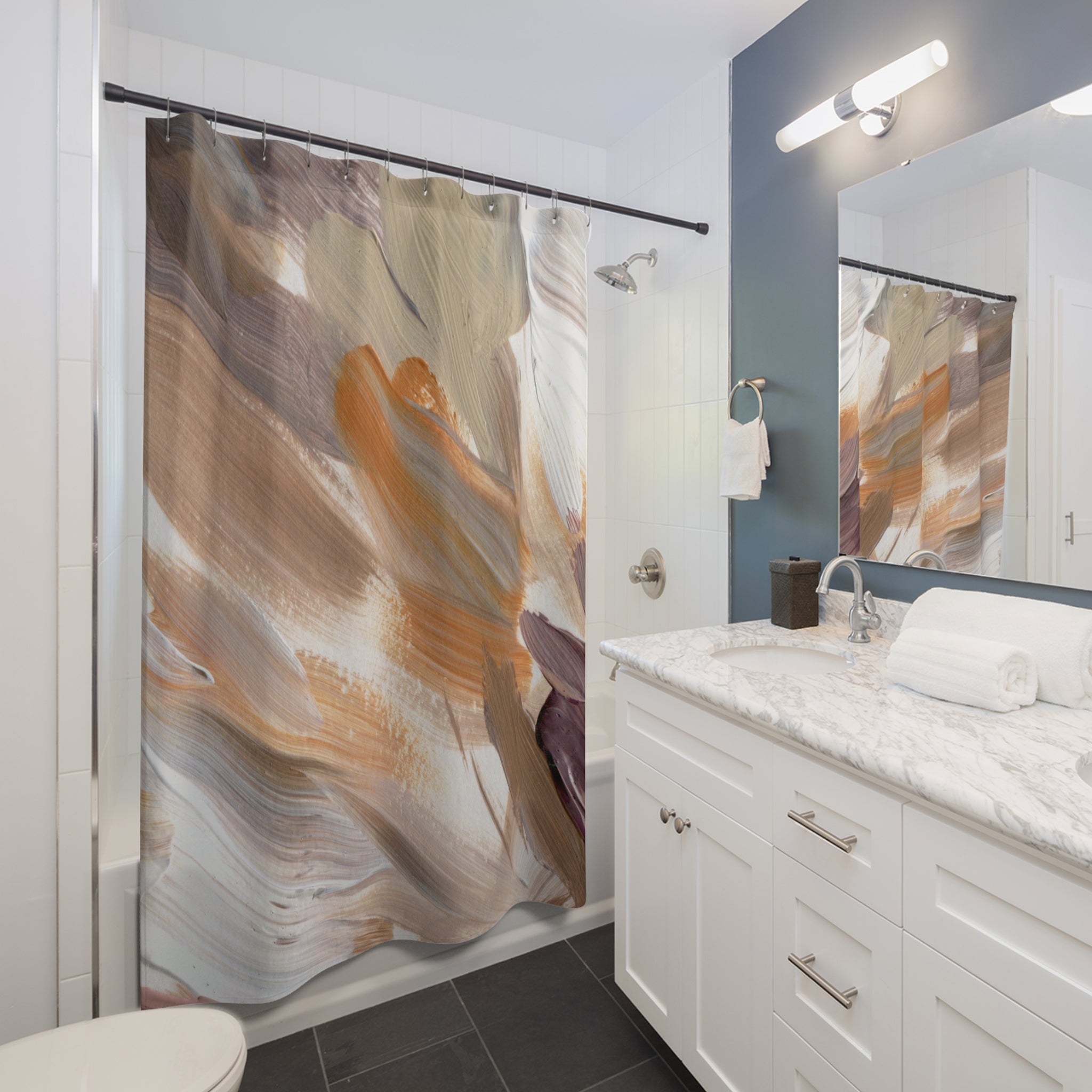 Colorful Shower Curtain | Acrylic Paint Print, Beige Purple Fabric Bath Curtain