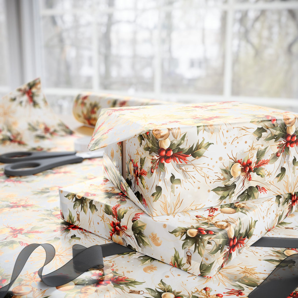 Holly Berry Ornament Christmas Wrapping Paper, Gift Wrap