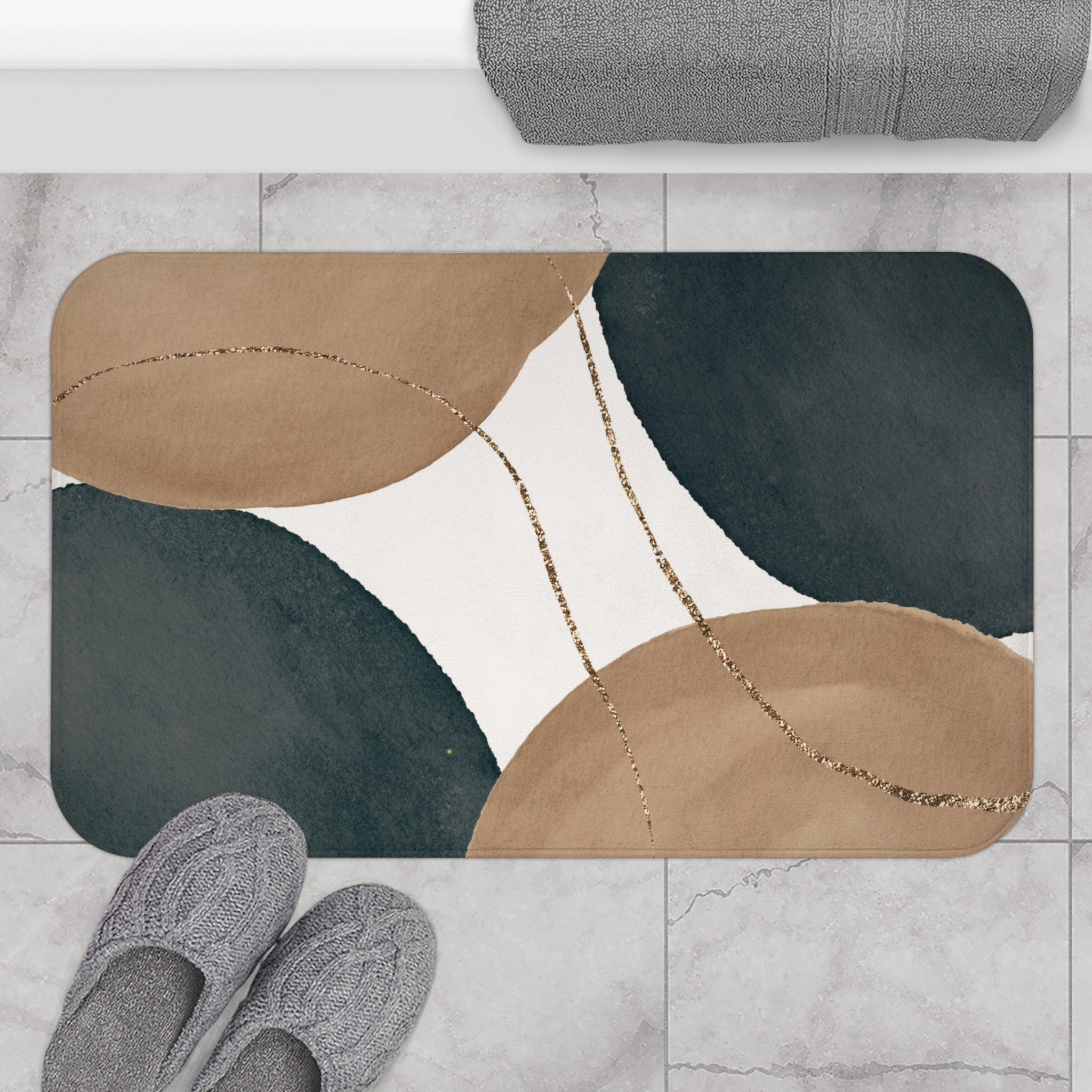 Boho Bath Mat | Mid Century Earthy, Beige Grey White Kitchen Mat