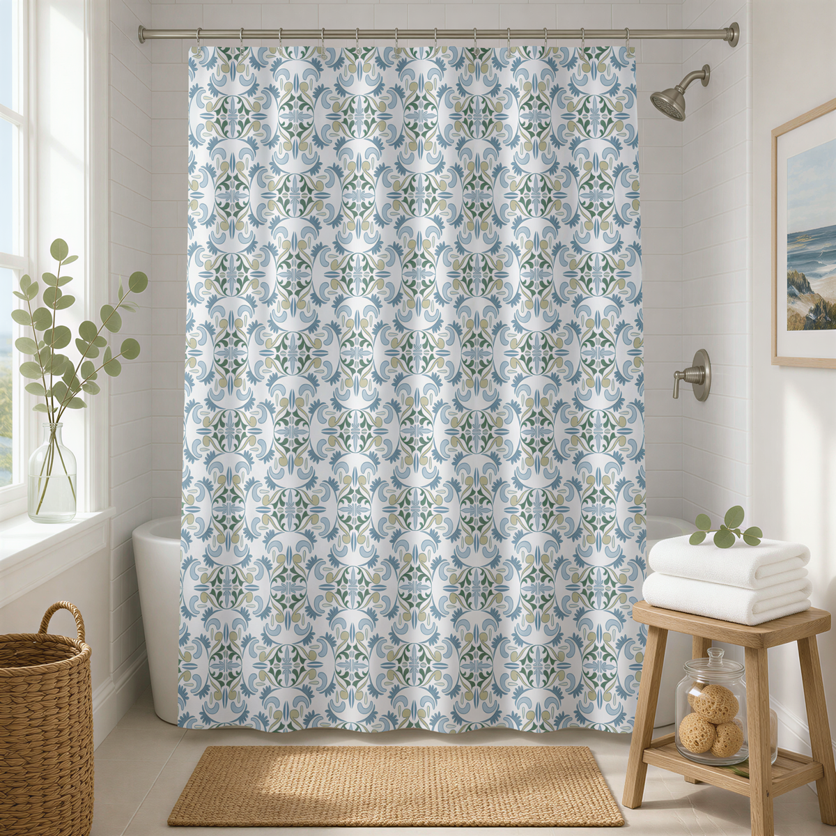 a bathroom with a shower curtain featuring a blue and green floral pattern. The bathroom is well-decorated with a wooden stool, a basket, and a vase with greenery.