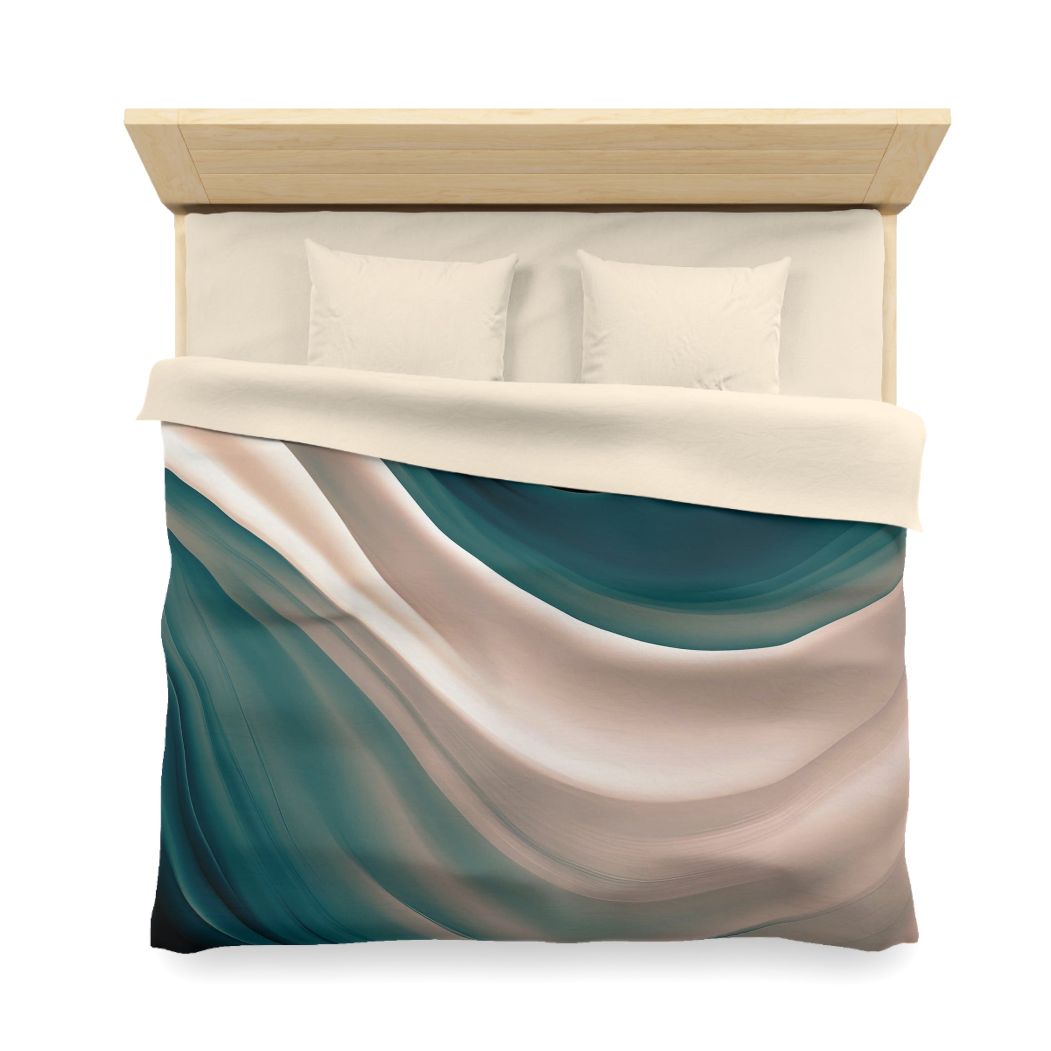 a neatly made bed with a colorful, abstract patterned comforter and pillows.