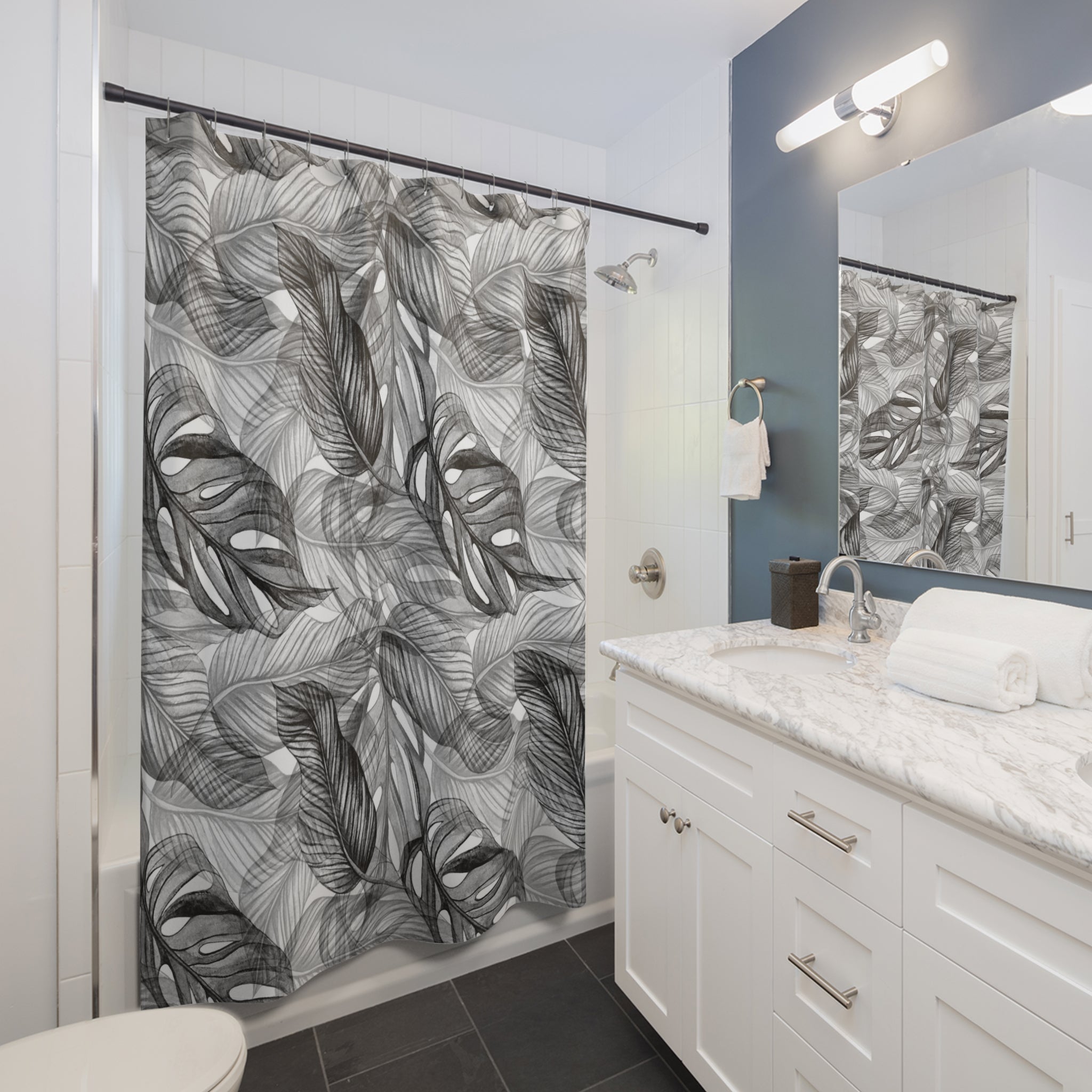 Black and White Tropical Leaf Shower Curtain | Minimalist Palm Botanical Bathroom Decor