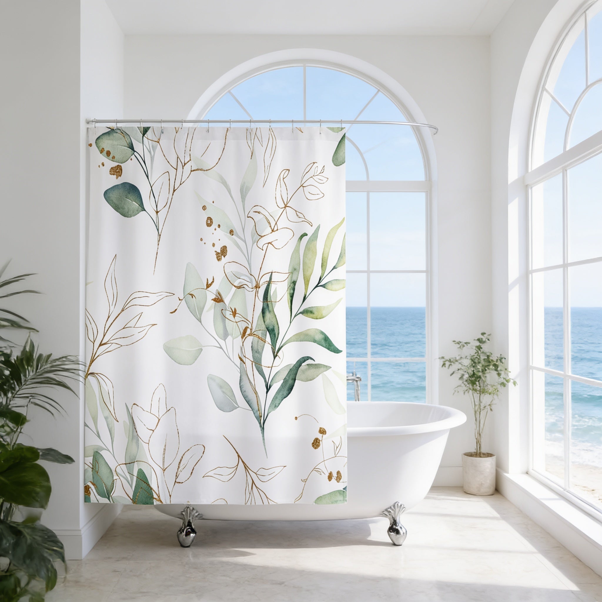 a bathroom with a white bathtub, a shower curtain with a leafy pattern, and a large window overlooking the ocean.