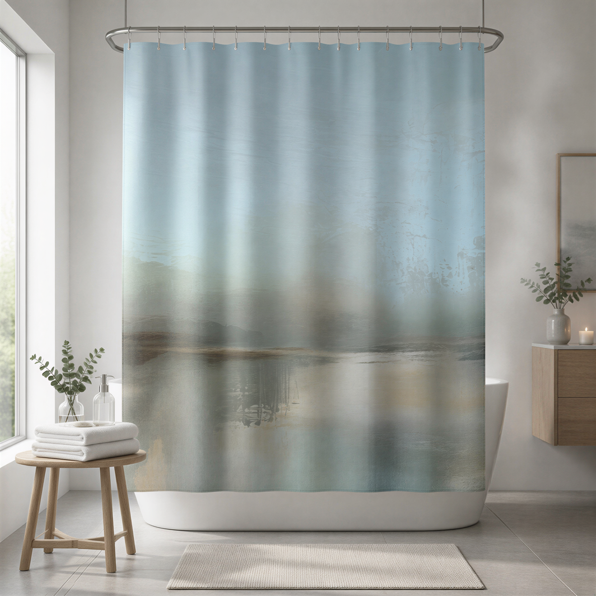 a bathroom with a large blue shower curtain that has a seascape design. The shower curtain is hanging from a rod, and there is a wooden stool in front of it. The bathroom also has a sink and a window, creating a serene and relaxing atmosphere.