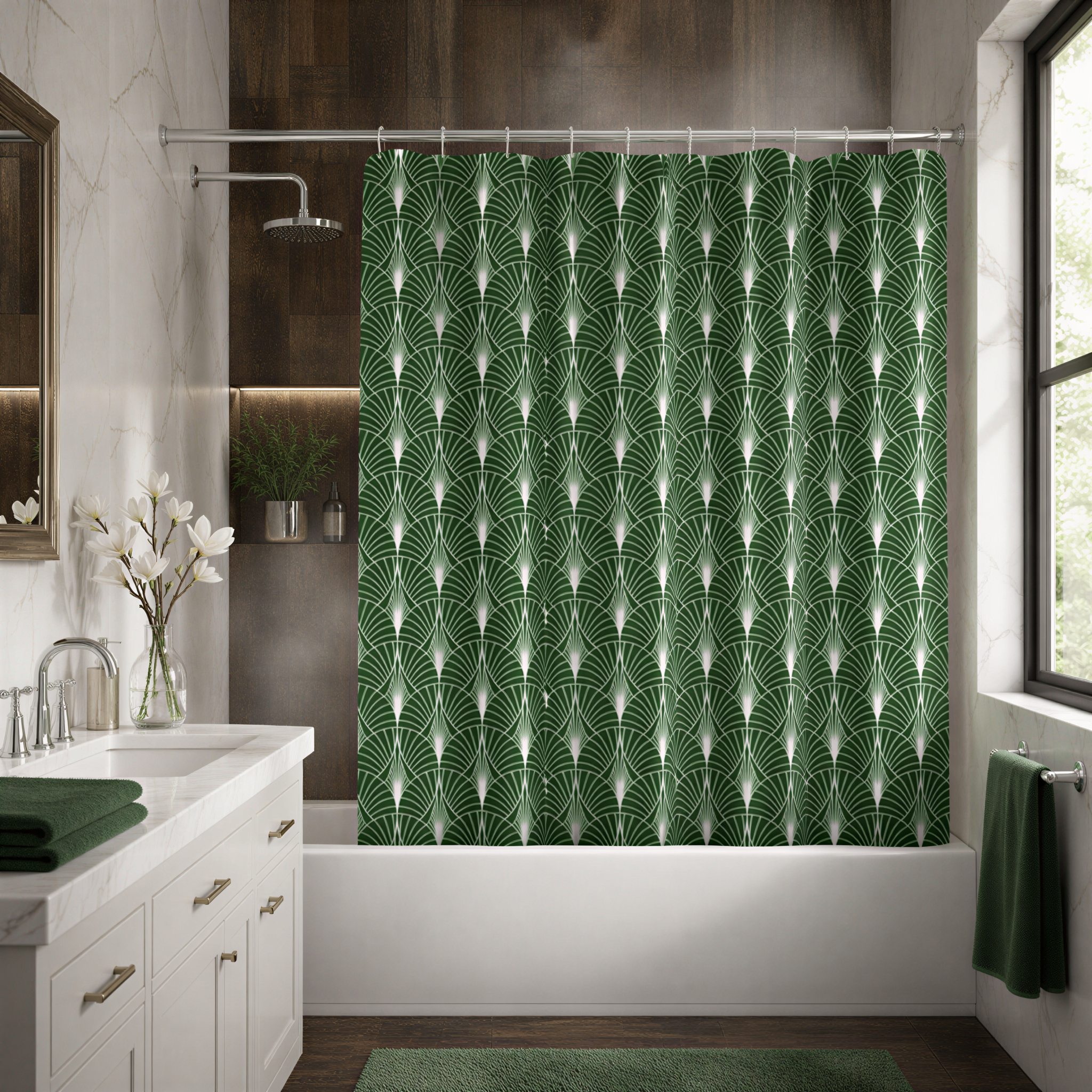a modern bathroom with a white bathtub, a green patterned shower curtain, a white sink, and a green towel.