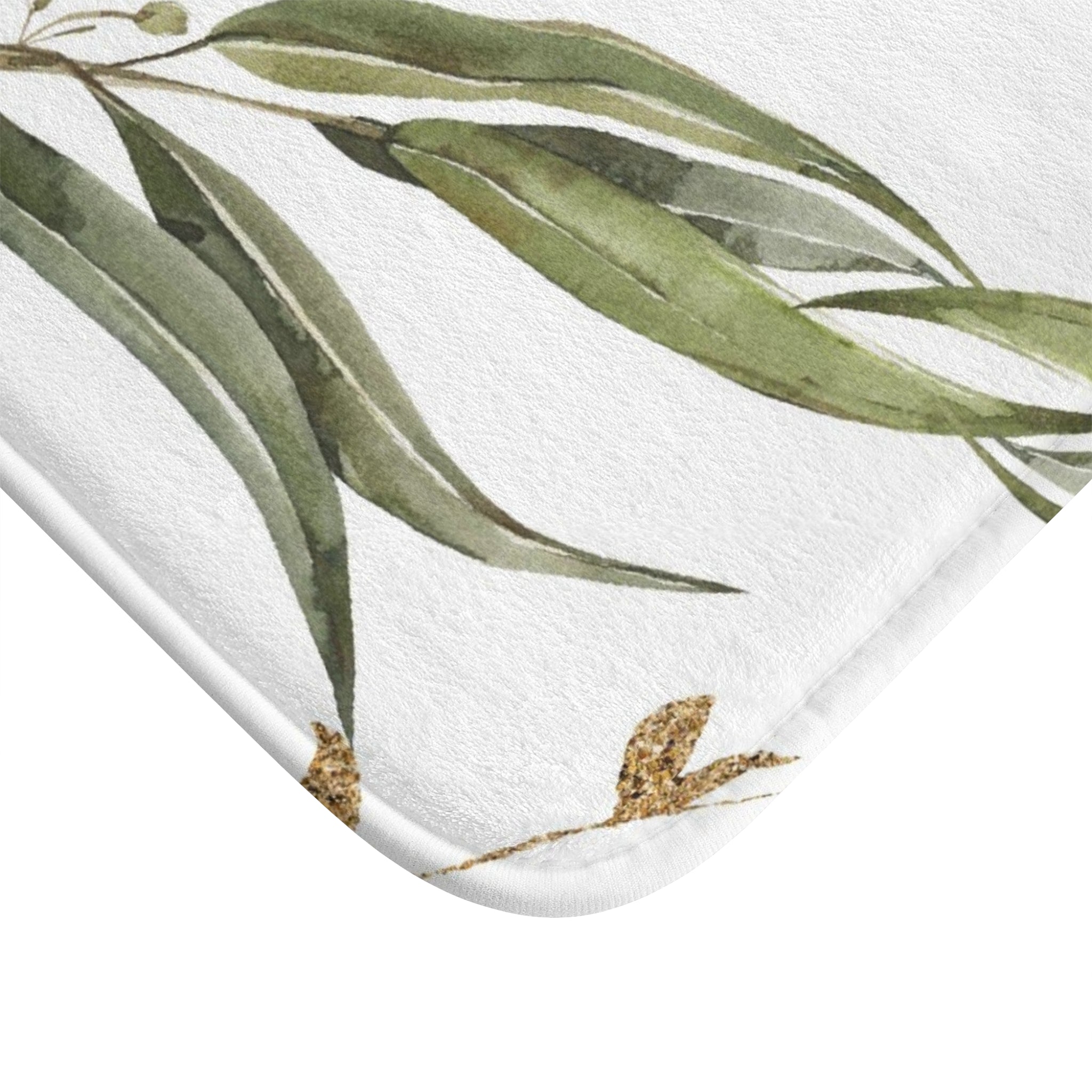 Boho Bath, Kitchen Mat | Floral, Sage Green, White Gold Beige Leaves