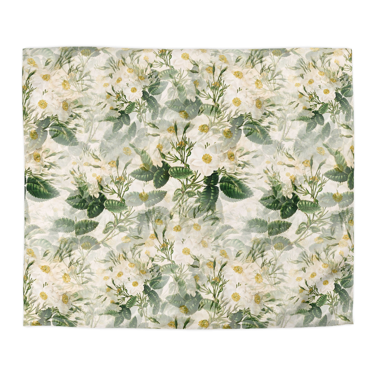 a square-shaped floral print with a repeating pattern of white flowers and green leaves.
