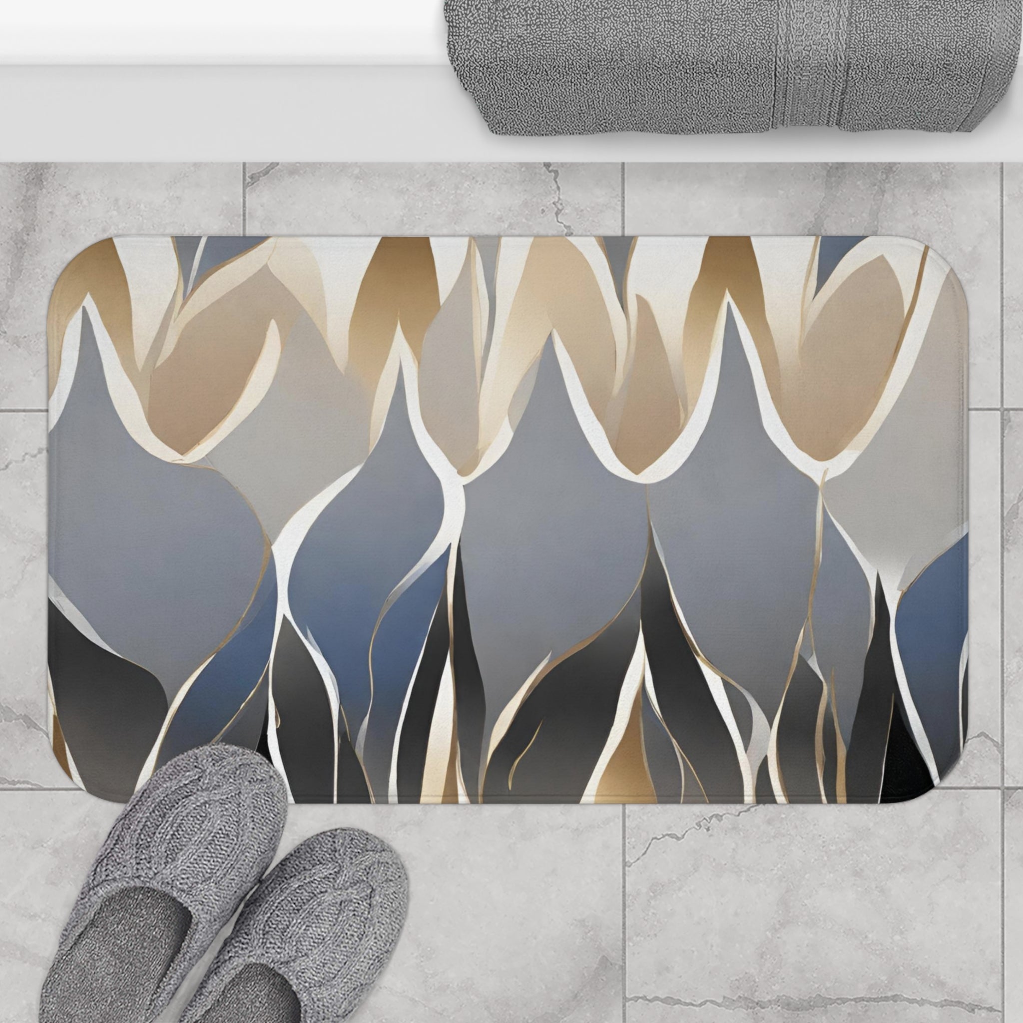 Abstract Bath Mat, Kitchen Mat | Grey Blue, Muted Gold Beige