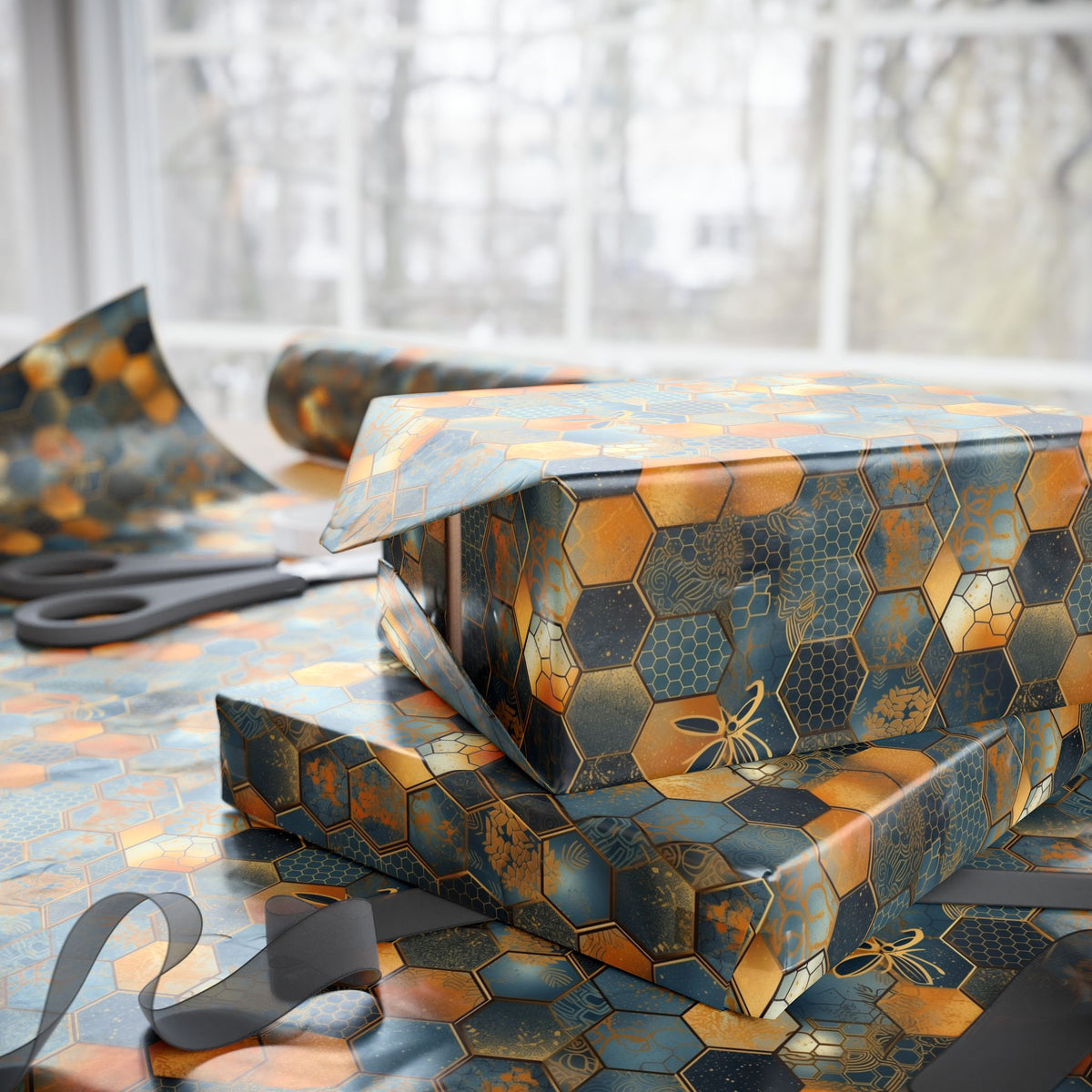 Navy Mustard Honeycomb Bee Wrapping Paper, Gift Wrap