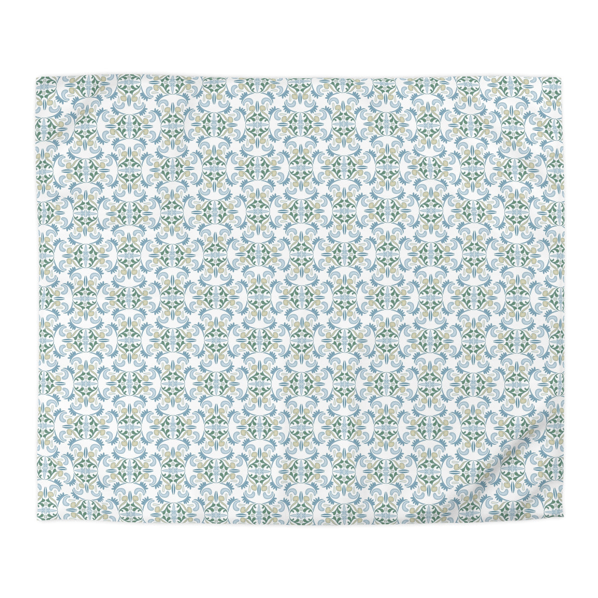 a repeating pattern of a floral design in shades of blue and green.
