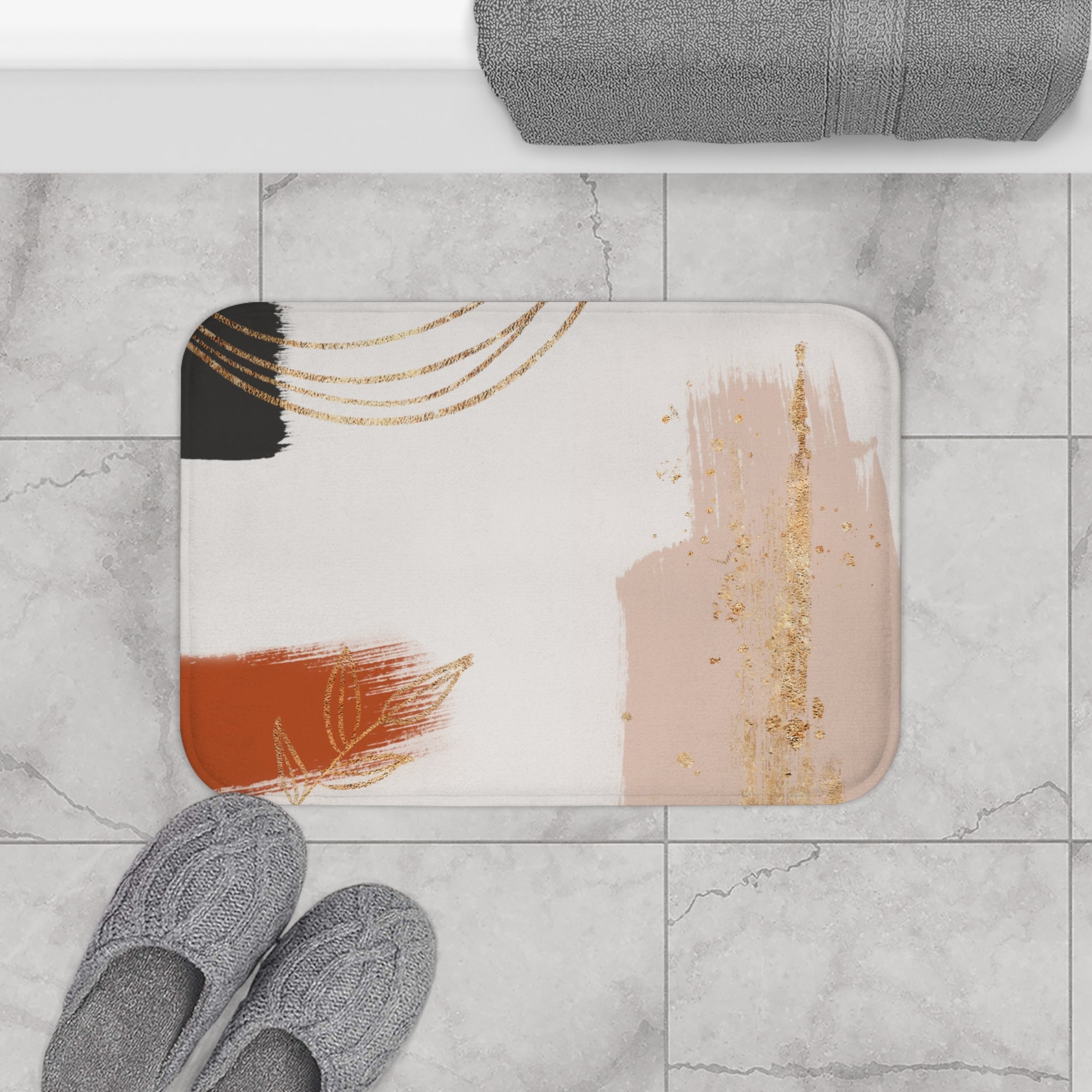 Boho Bath Mat | Mid Century Earthy, Beige Rust Kitchen Mat