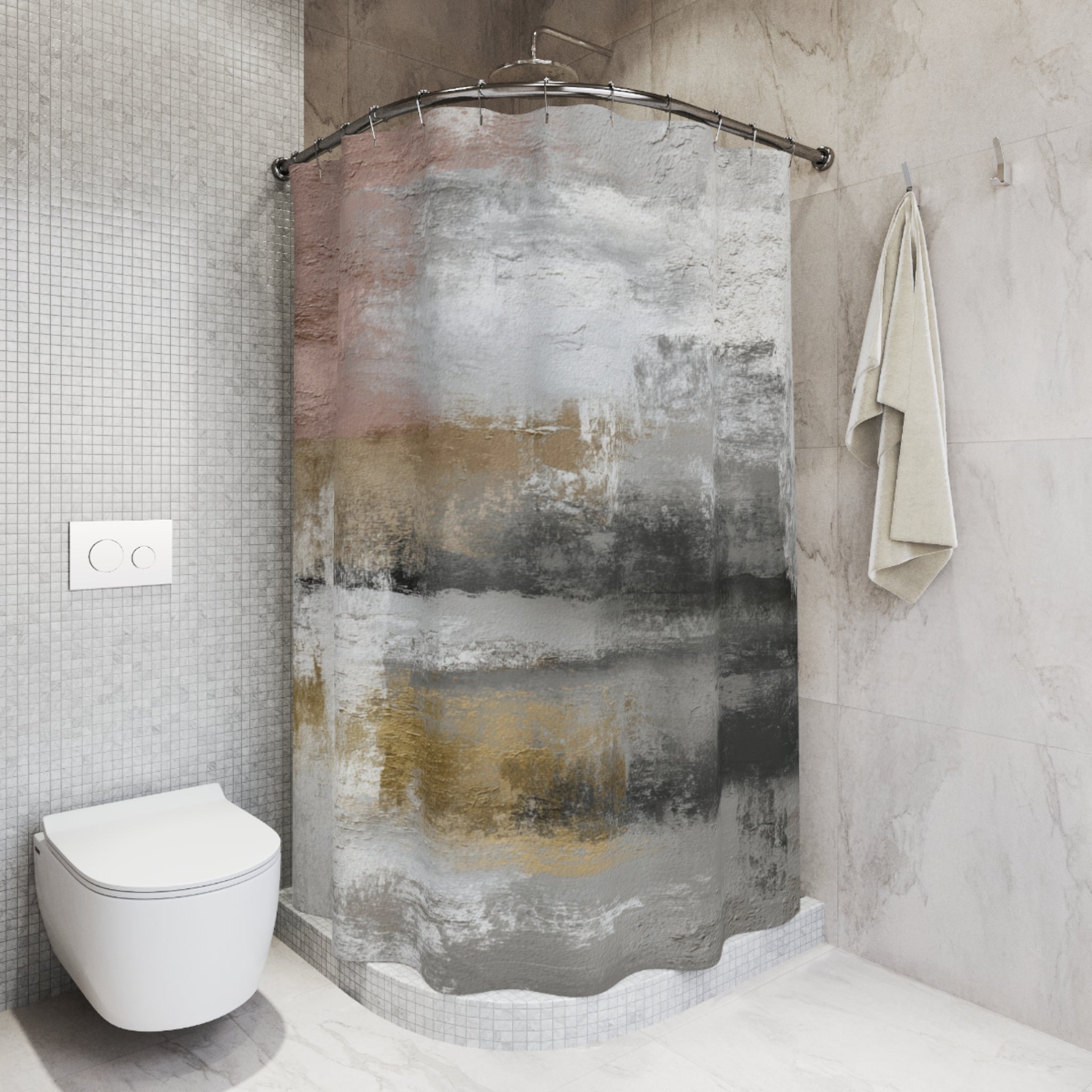 Aesthetic Shower Curtain | Grey White, Pink Rustic Abstract Art
