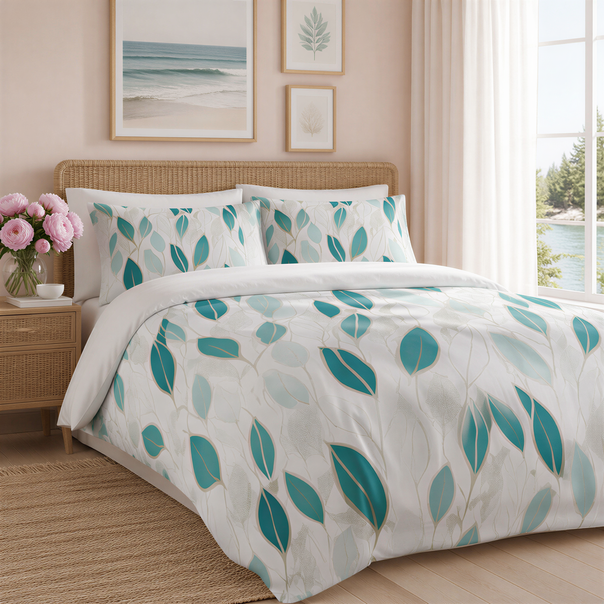 a bedroom with a large bed covered in a white comforter with a leaf pattern. The bed is framed by a wicker headboard and has a framed picture of a beach on the wall above it. There is a window in the room that offers a view of the ocean.