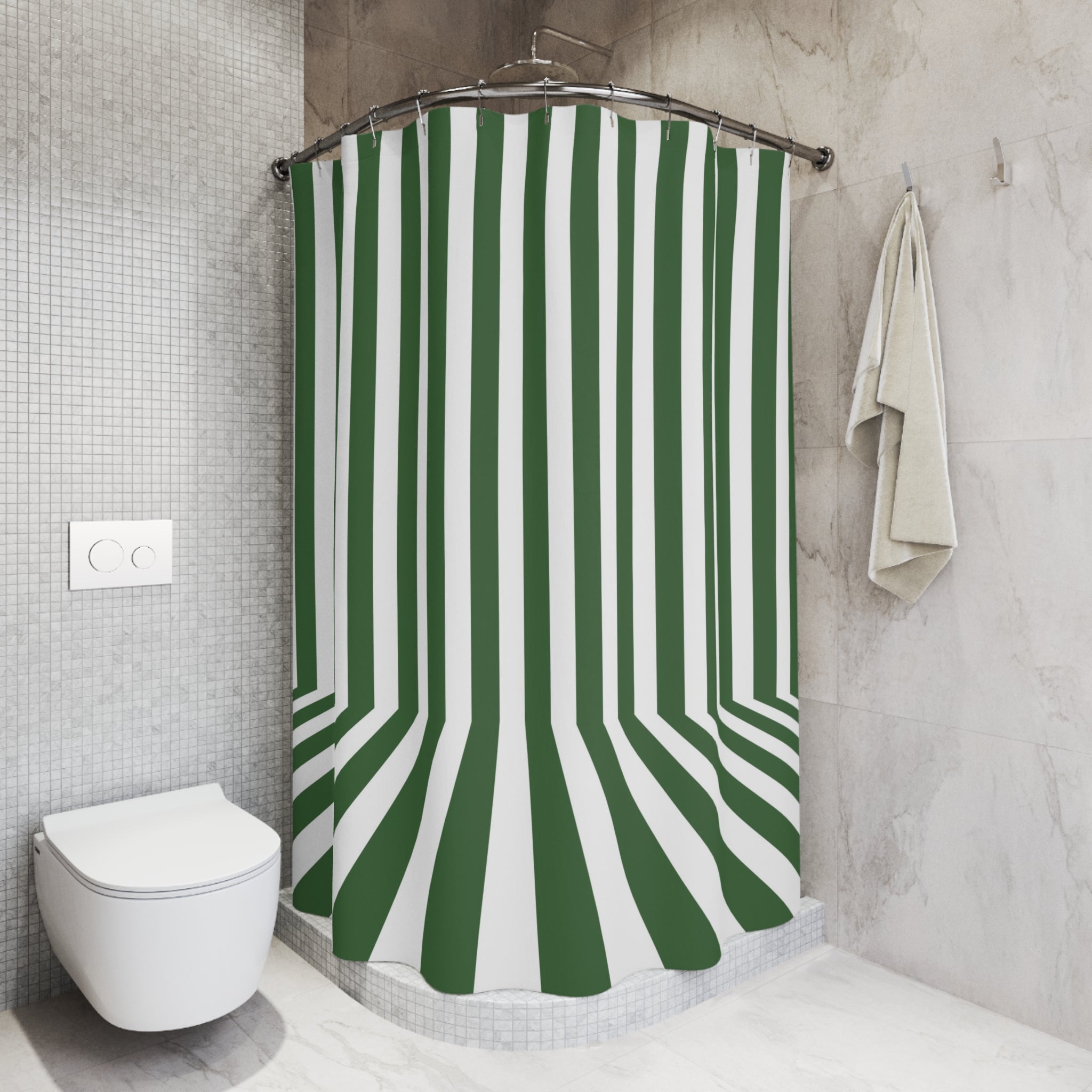 Retro Shower Curtain | Green Stripes Fabric Curtain