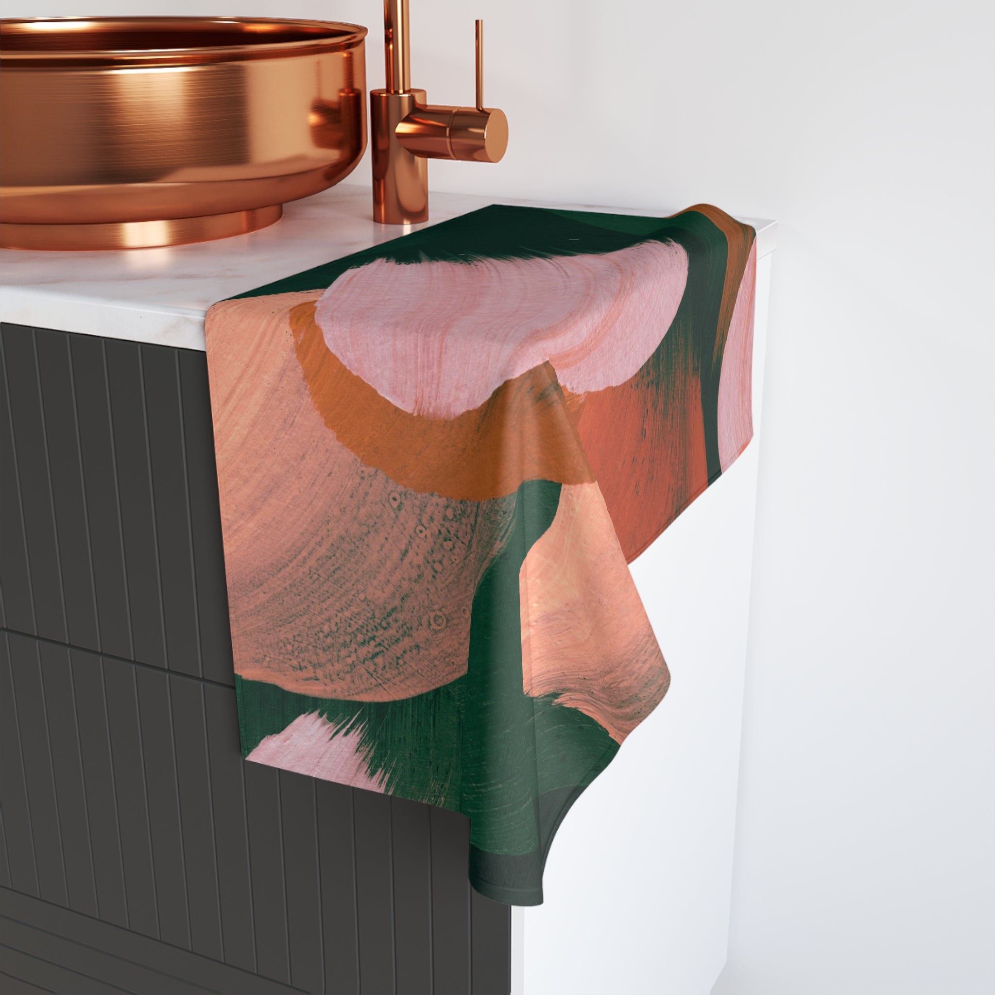 Abstract Kitchen, Bath Hand Towel | Forest Hunger Green, Pink Beige