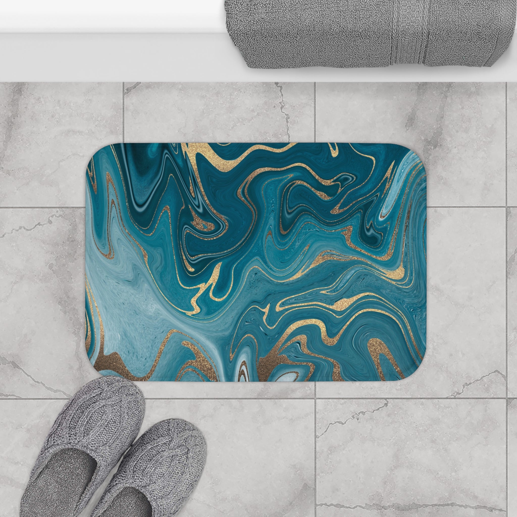 Marble Abstract Bath Mat | Teal Blue Kitchen Mat
