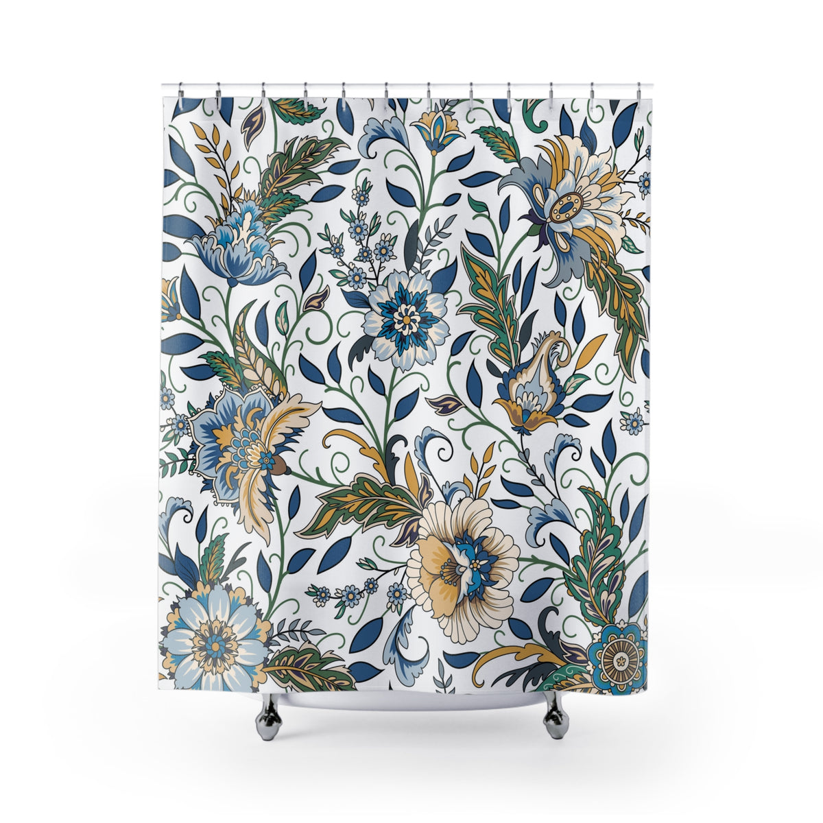 a shower curtain with a floral pattern in shades of blue, green, and yellow.