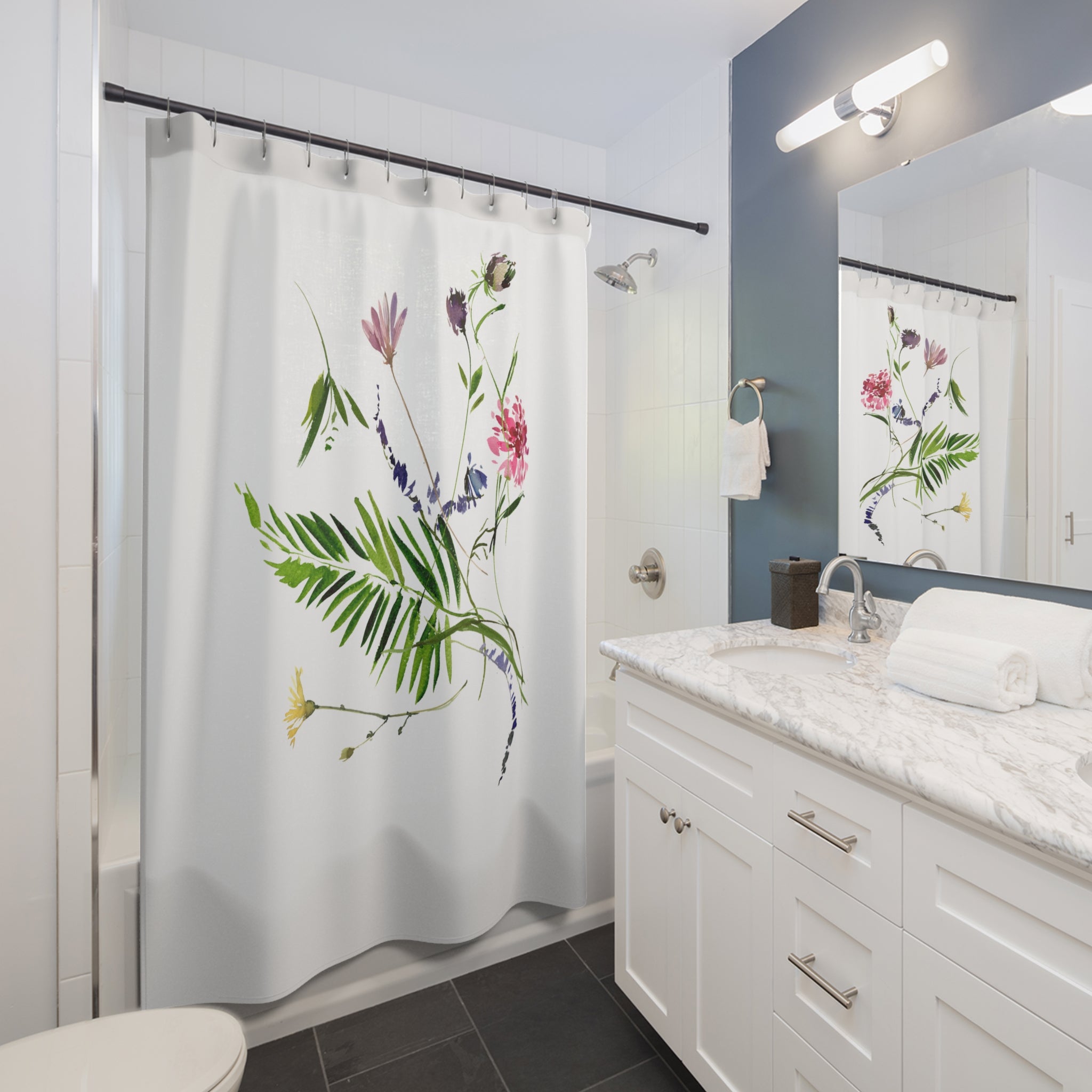 Modern Floral Shower Curtain | Green Tropical Leaves, White Bath Curtain