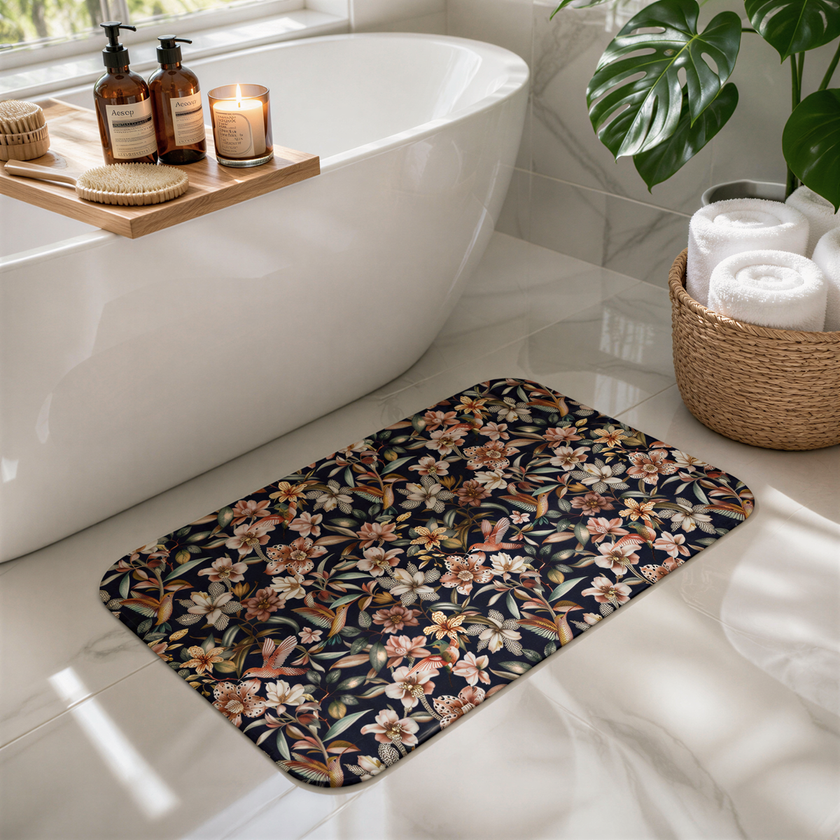 a bathroom with a white bathtub, a floral patterned bath mat, and various toiletries and accessories.