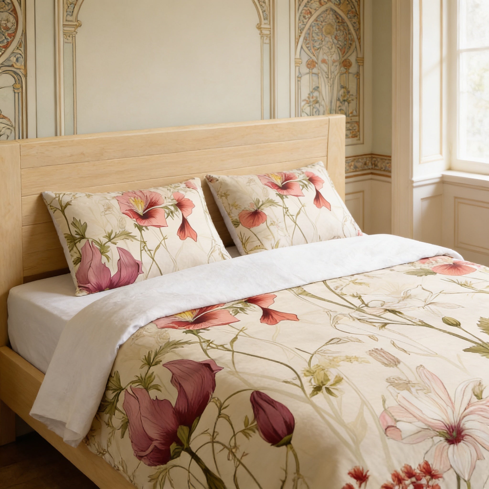 a bedroom with a bed covered in a floral bedspread featuring pink and white flowers. The bed has a wooden headboard and two matching pillows. The room has a window and a decorative archway on the wall.