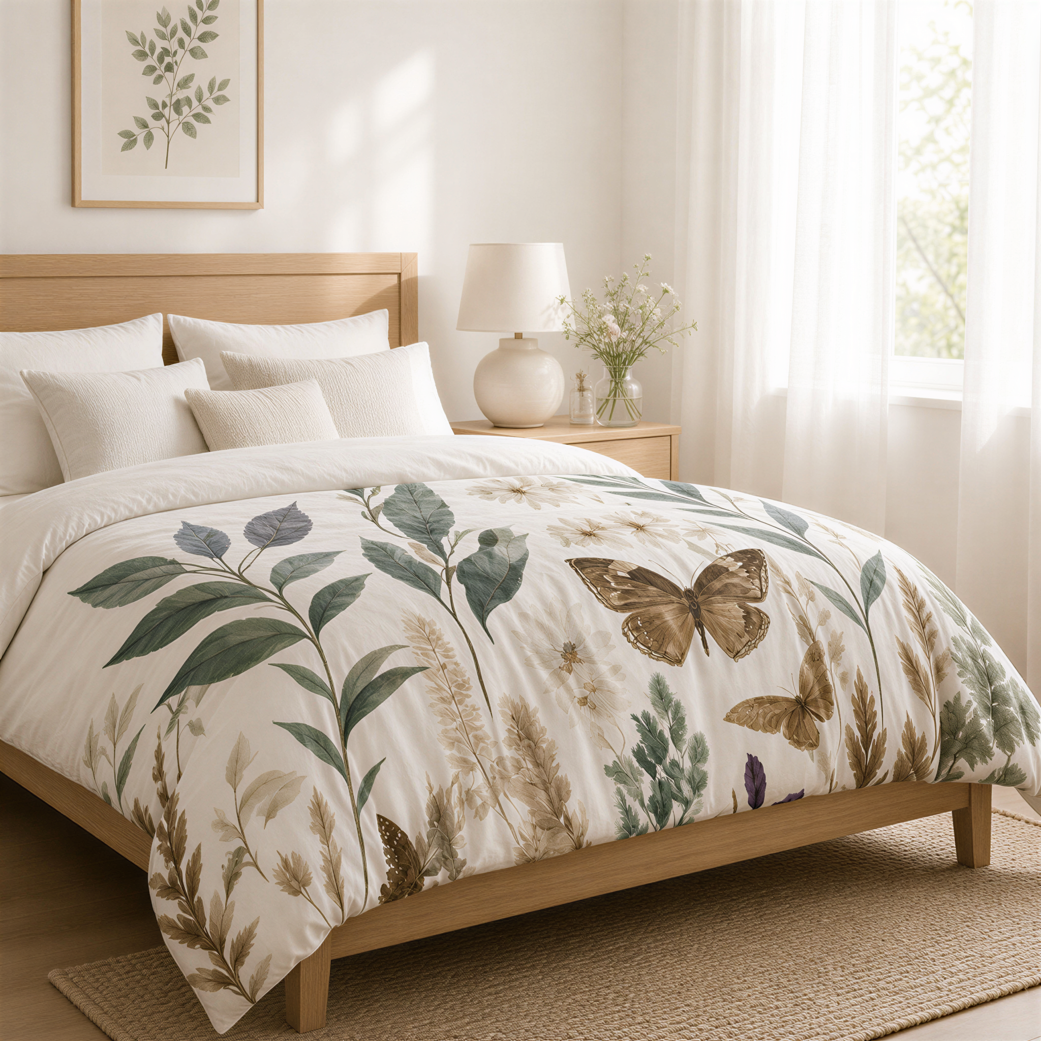 a serene and cozy bedroom with a large bed adorned with a white and green floral comforter. The bed is positioned against a wall, with a window nearby that allows natural light to fill the room. A lamp is placed on a side table, and a vase of flowers adds a touch of nature to the space. The overall atmosphere of the room is calm and inviting, with a harmonious blend of colors and textures.