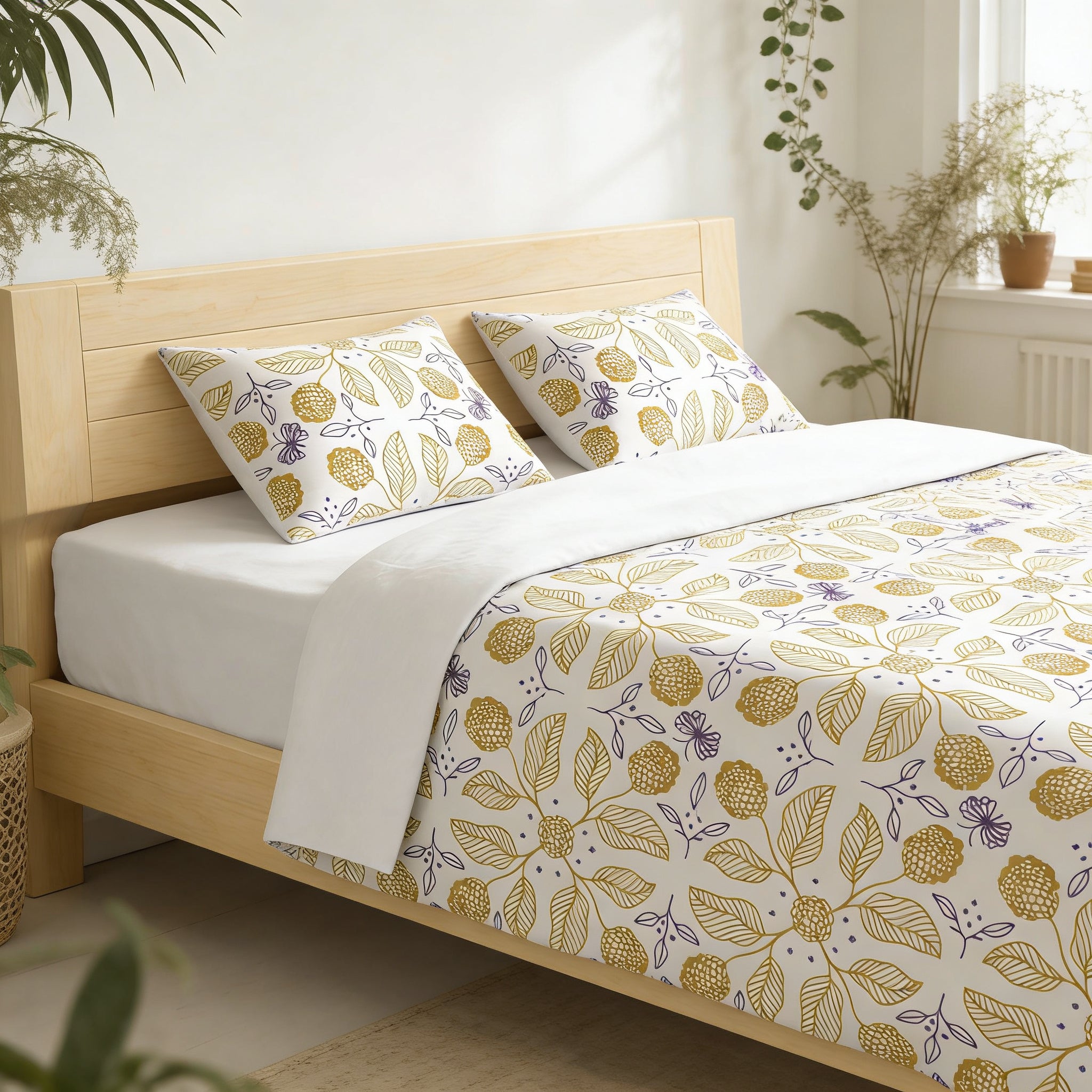 a cozy bedroom with a wooden bed frame, a white comforter with a floral pattern, and two matching pillows. The room is decorated with potted plants and a window, creating a serene and inviting atmosphere.