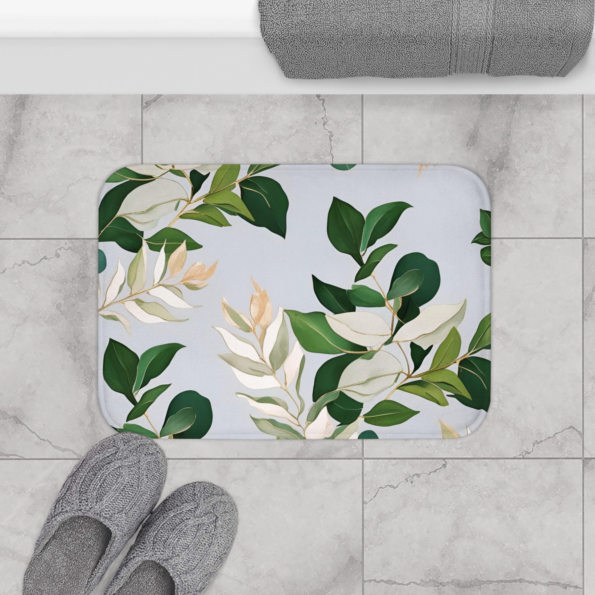 Floral Bath Mat | Green White Grey Leaves Kitchen Mat