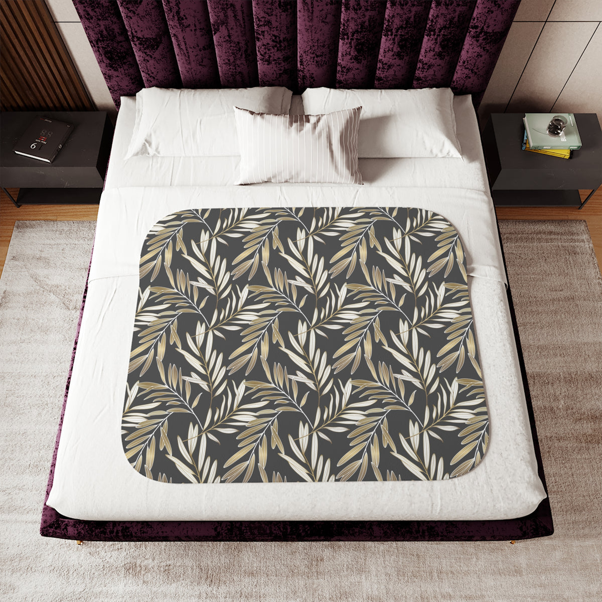 Charcoal Muted Gold Willow Leaf Sherpa Blanket | Elegant Throw