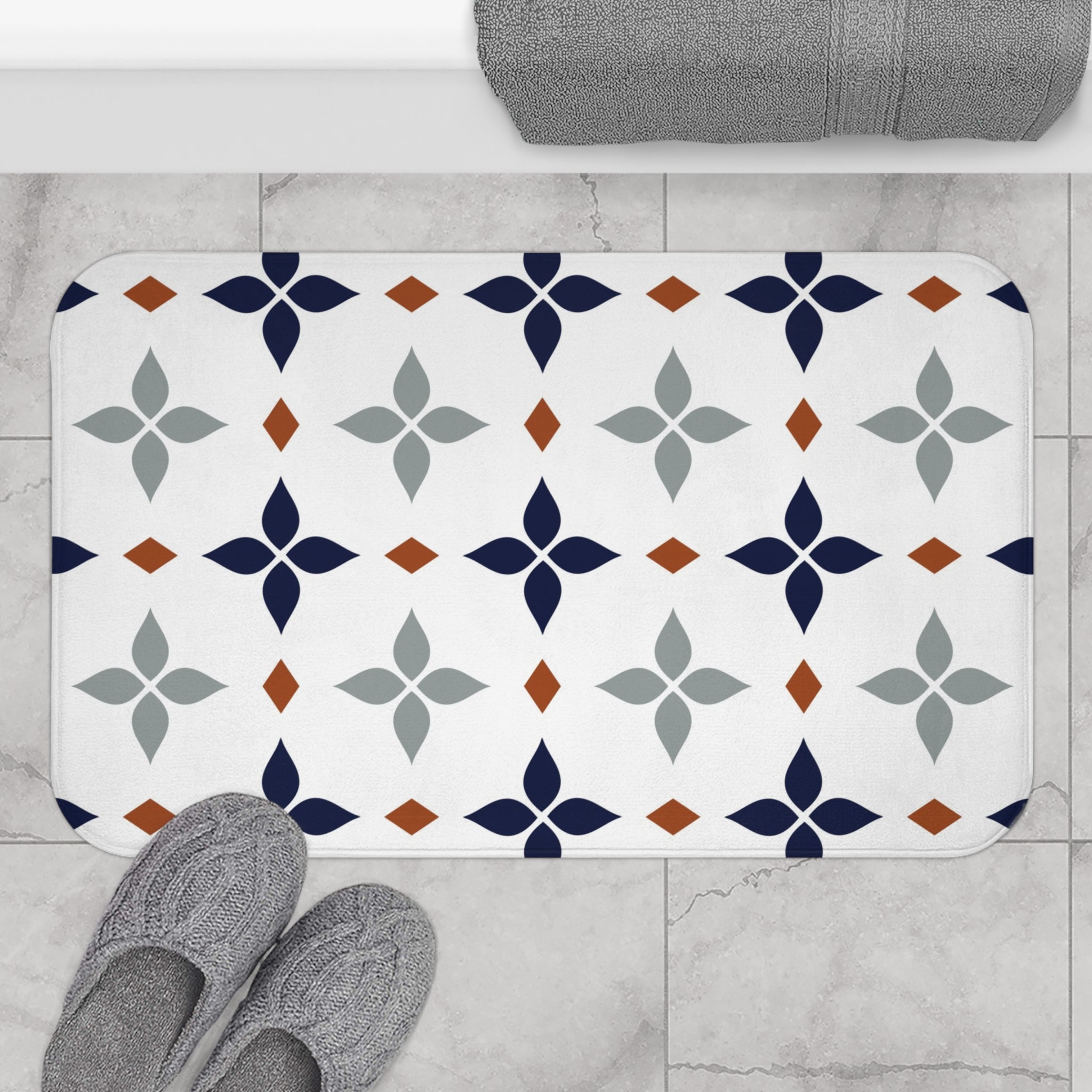 Retro Bath, Kitchen Mat | Vintage Art Deco, Nouveau White, Navy Blue, Grey