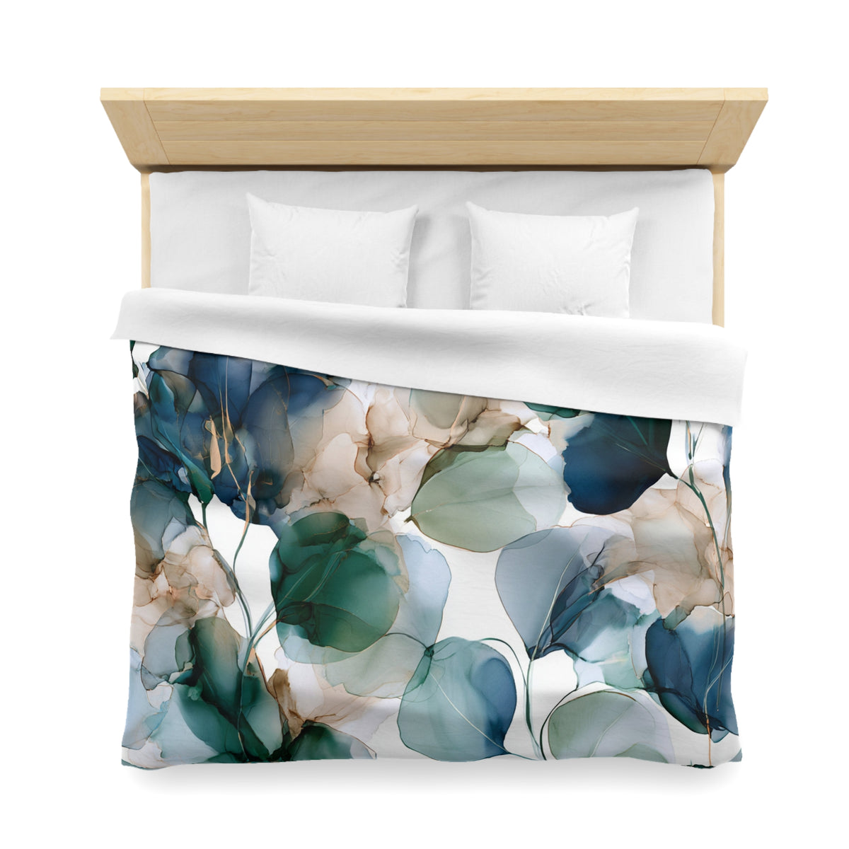 a bed with a white and blue comforter