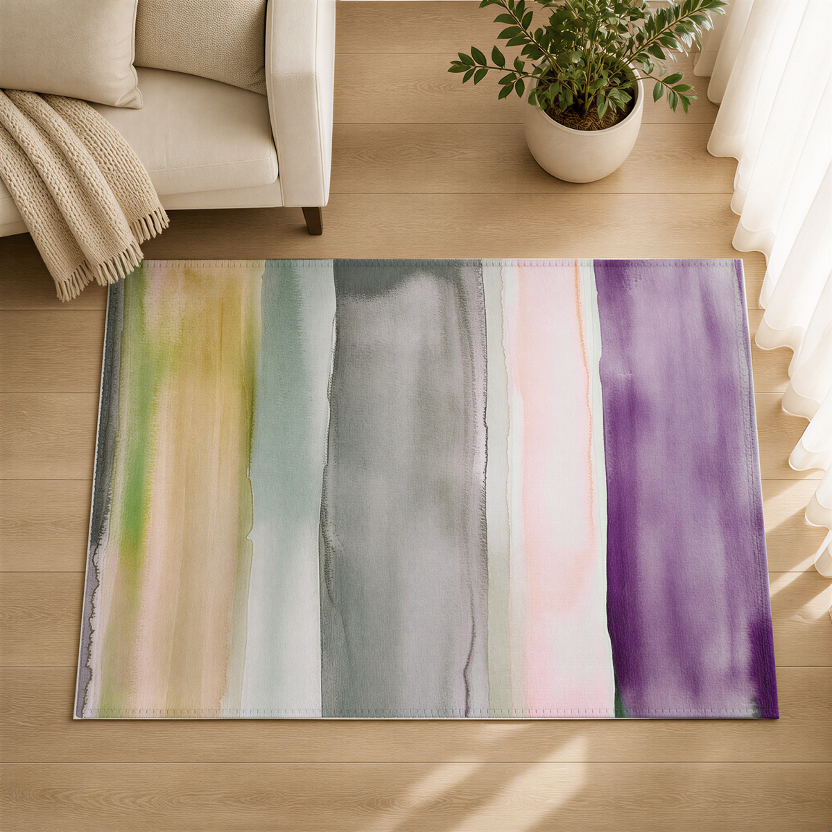 a colorful abstract rug with vertical stripes in various shades of green, gray, and purple, placed on a wooden floor in a living room setting.