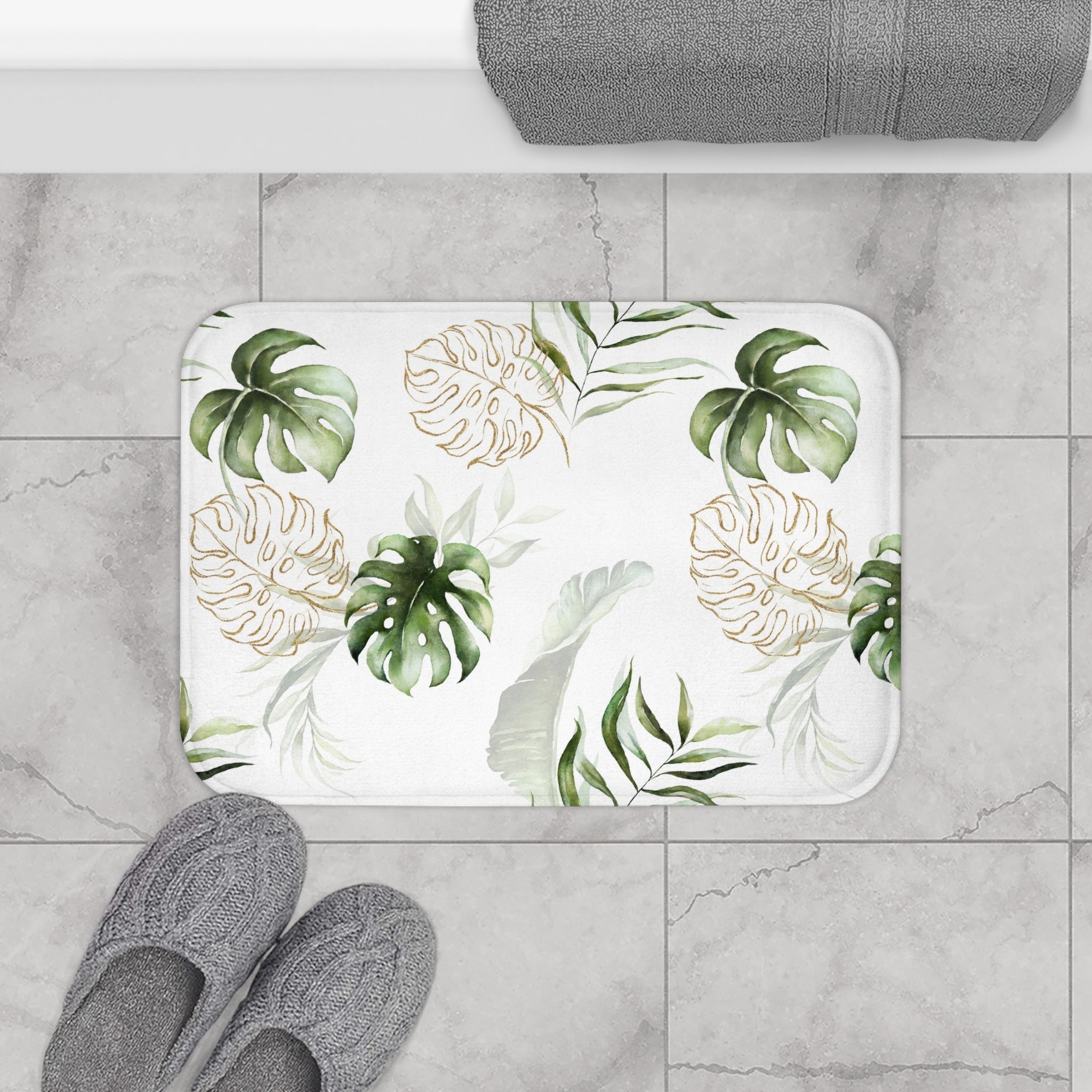Floral Bath Mat | Green Monstera Leaves