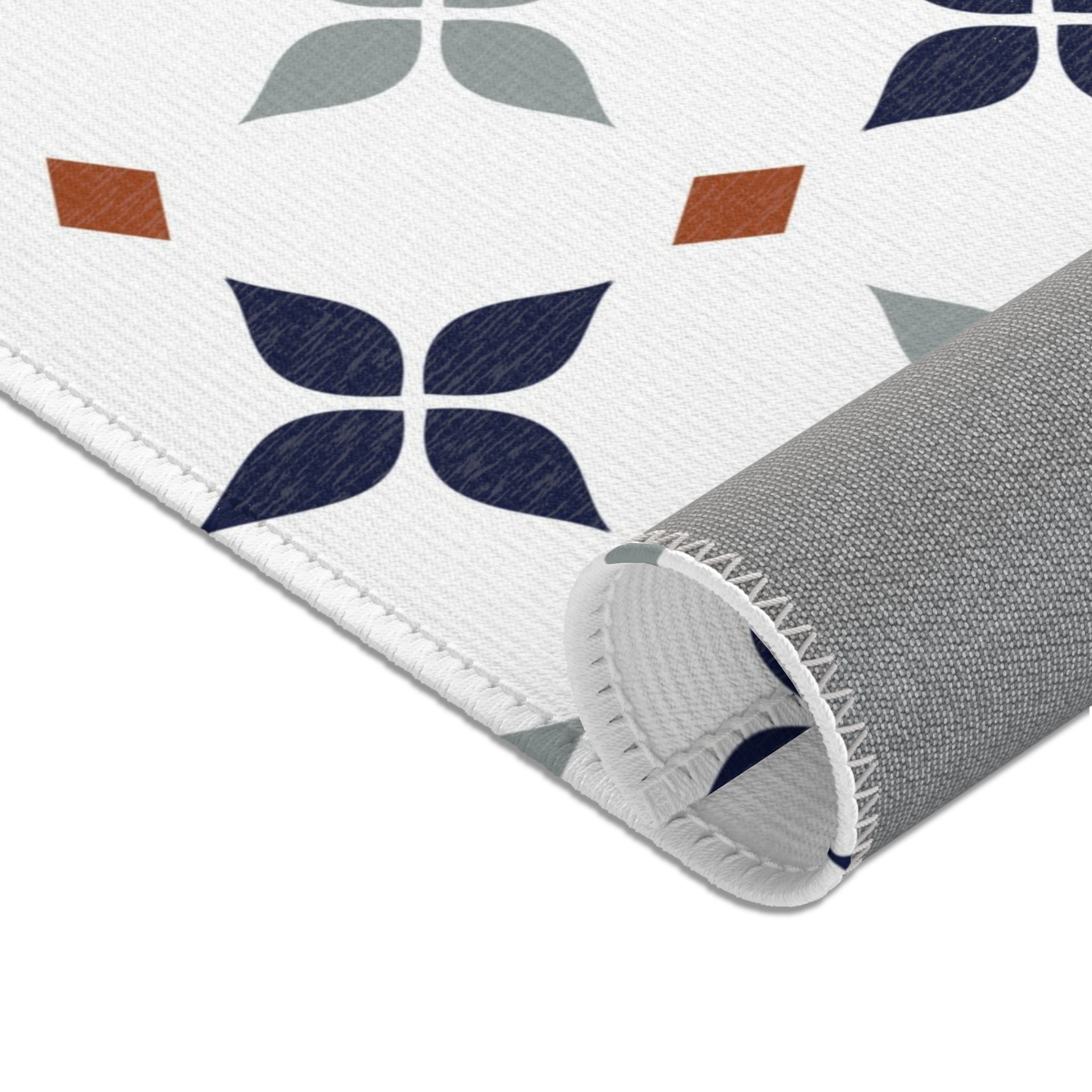 Retro Moroccan Area Rug | Vintage Art Deco, Nouveau White, Navy Blue, Grey