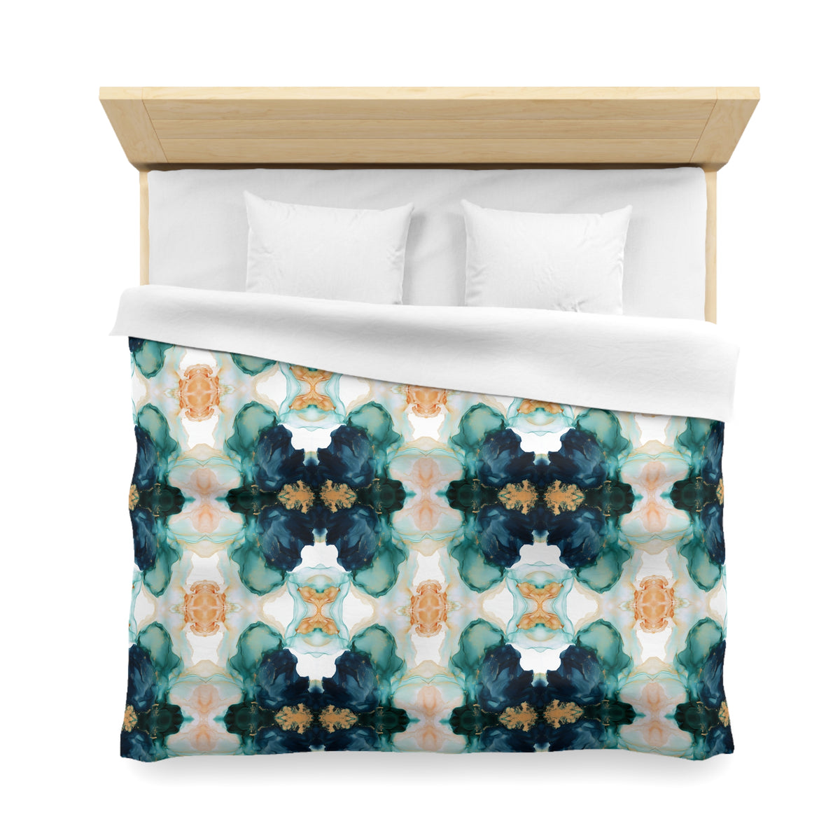 a bed with a colorful, abstract patterned duvet cover featuring a repeating design of blue, green, and orange colors.