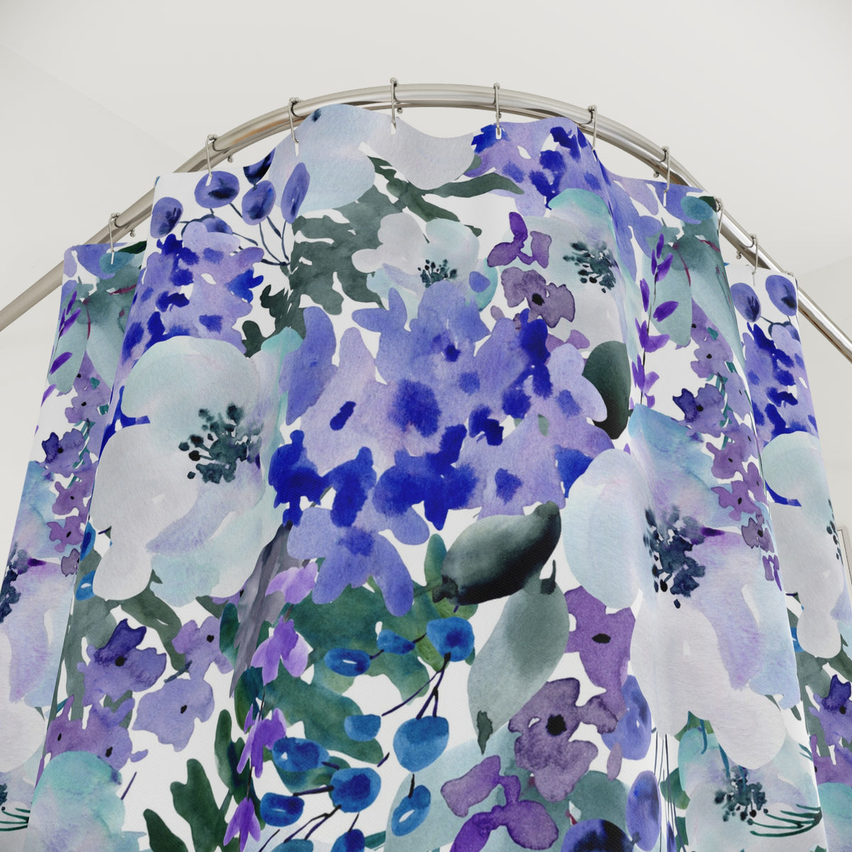 Cobalt Violet Watercolor Floral Shower Curtain, Bath Curtain 71x74