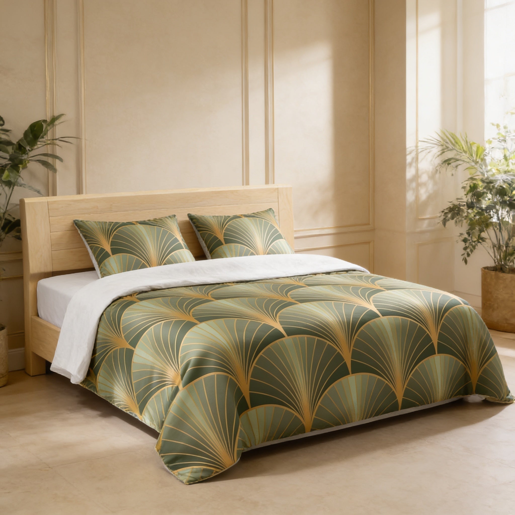 a bedroom with a bed featuring a green and gold patterned comforter and pillows. The bed is set against a beige wall, and there are two potted plants in the room, one on each side of the bed.