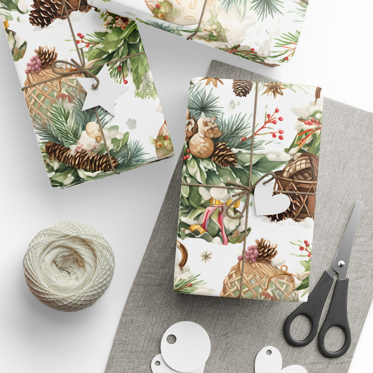 Pine Cone Basket Winter Greenery Wrapping Paper, Gift Wrap