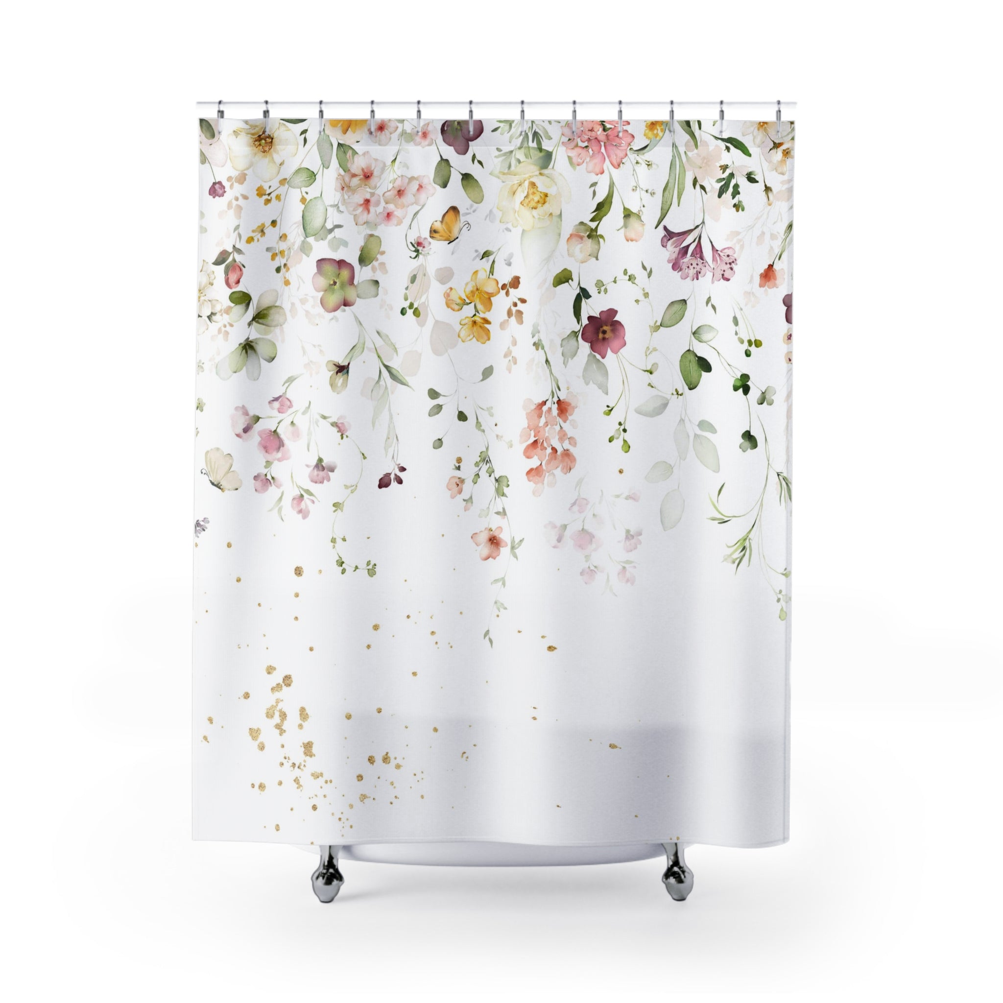 Boho Shower Curtain | White Floral Fabric Curtain
