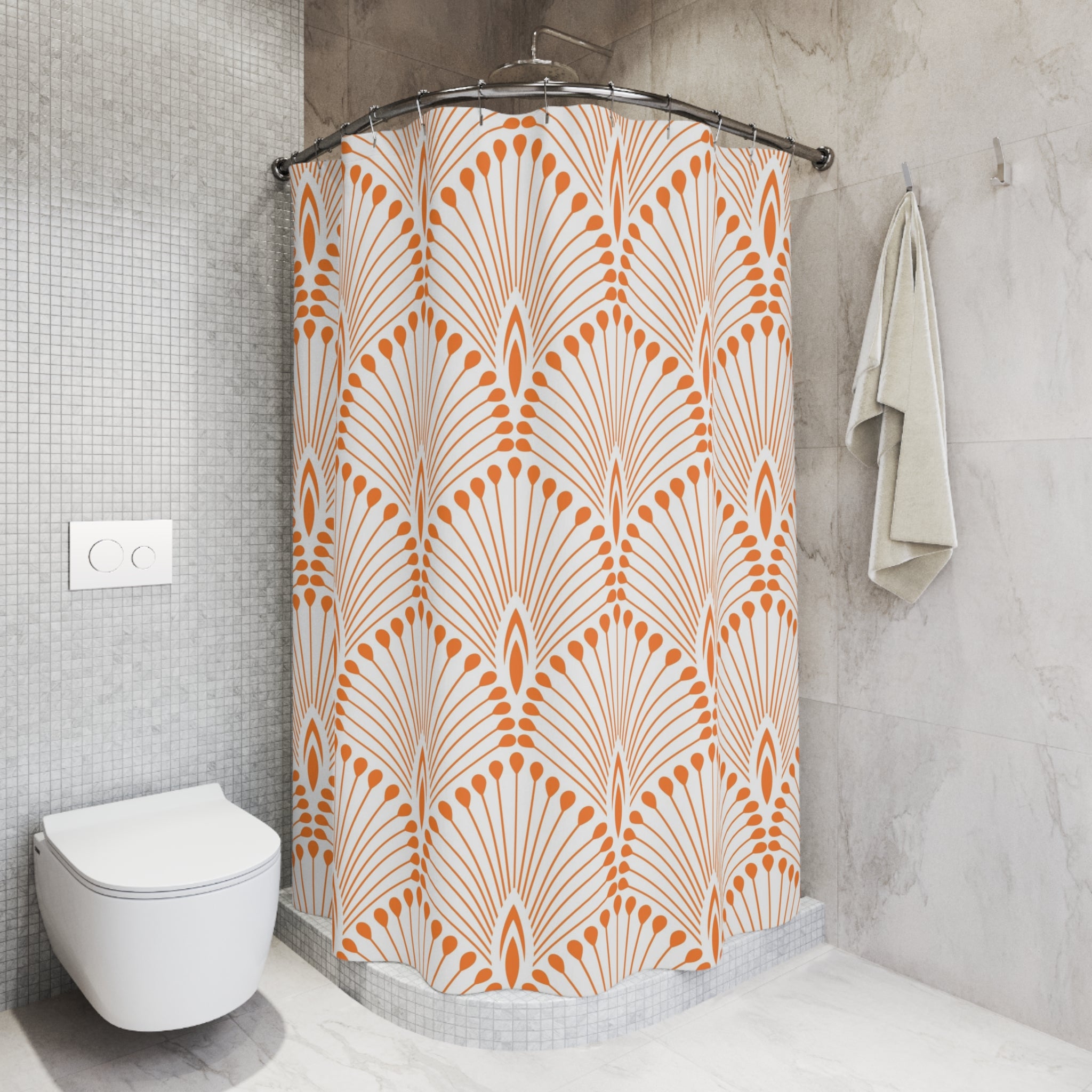 Boho Shower Curtain | Vintage Orange White Art Deco Crane