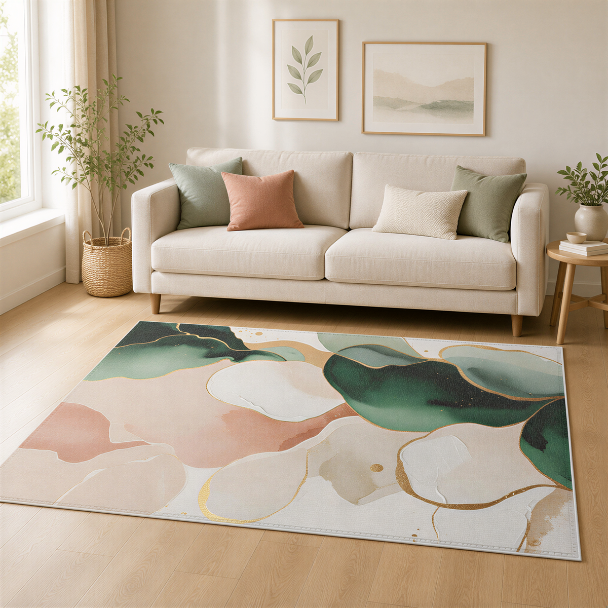 a living room with a beige sofa, a large abstract rug, and two framed pictures on the wall.