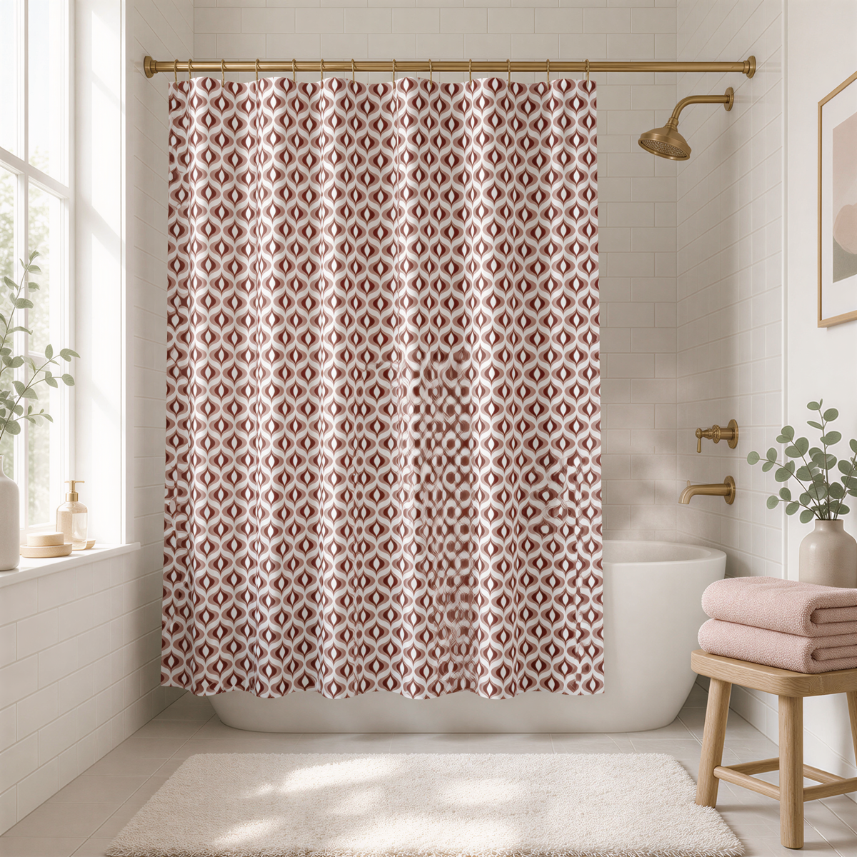 a bathroom with a white bathtub, a shower curtain with a pattern of red and white circles, and a wooden stool.