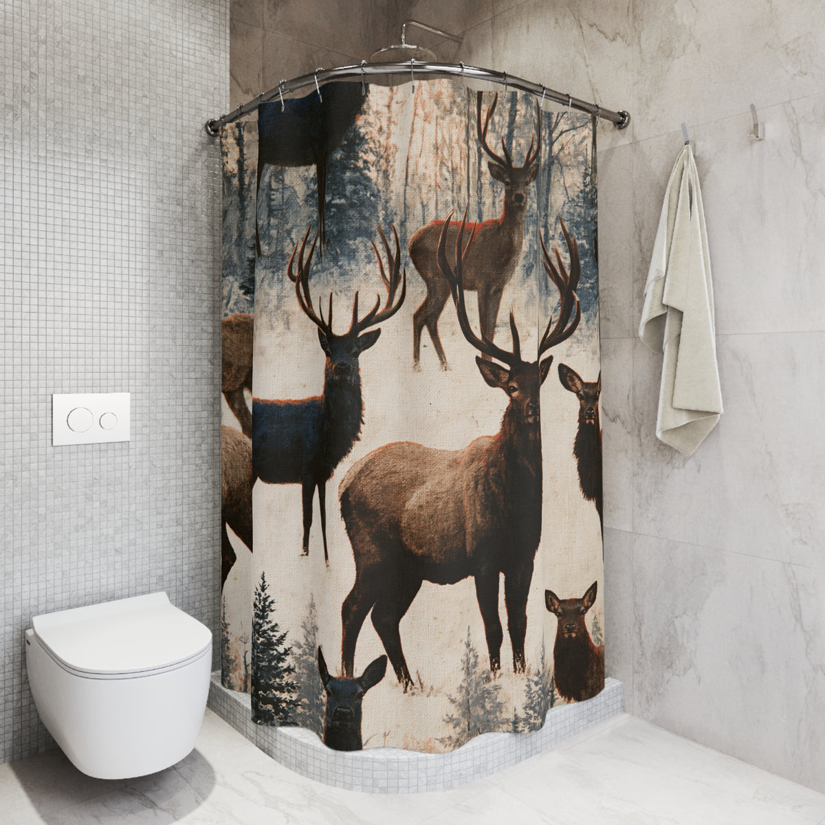 Brown Cream Rustic Deer Herd Shower Curtain, Bath Curtain 71x74