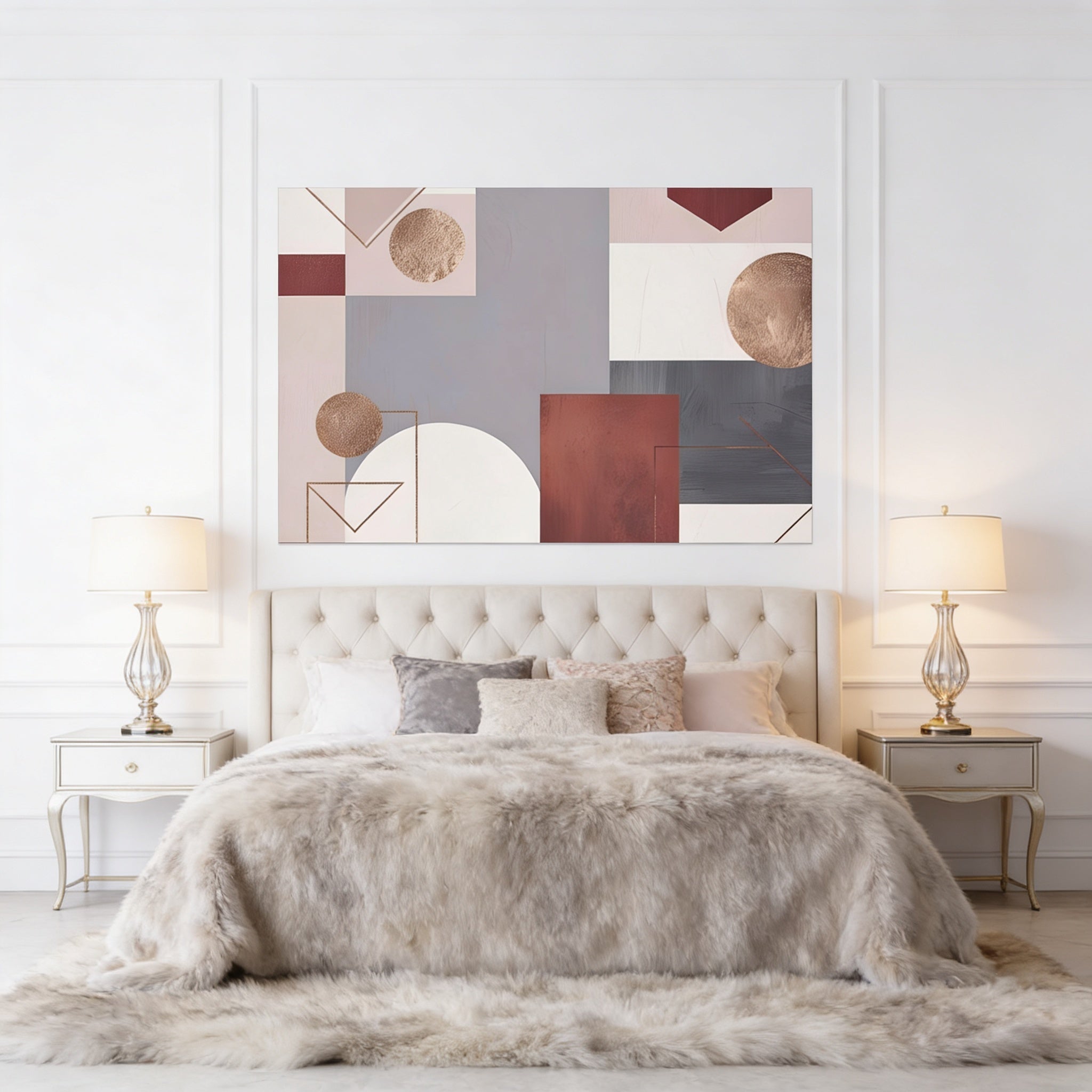 a luxurious bedroom with a large bed, white bedding, and a large abstract painting on the wall above it.