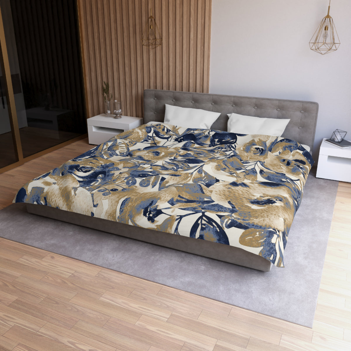 a modern bedroom with a large bed covered in a floral print comforter. The bed is positioned against a wall with a wooden paneling. The room also features a nightstand and a pendant light, creating a cozy and stylish atmosphere.
