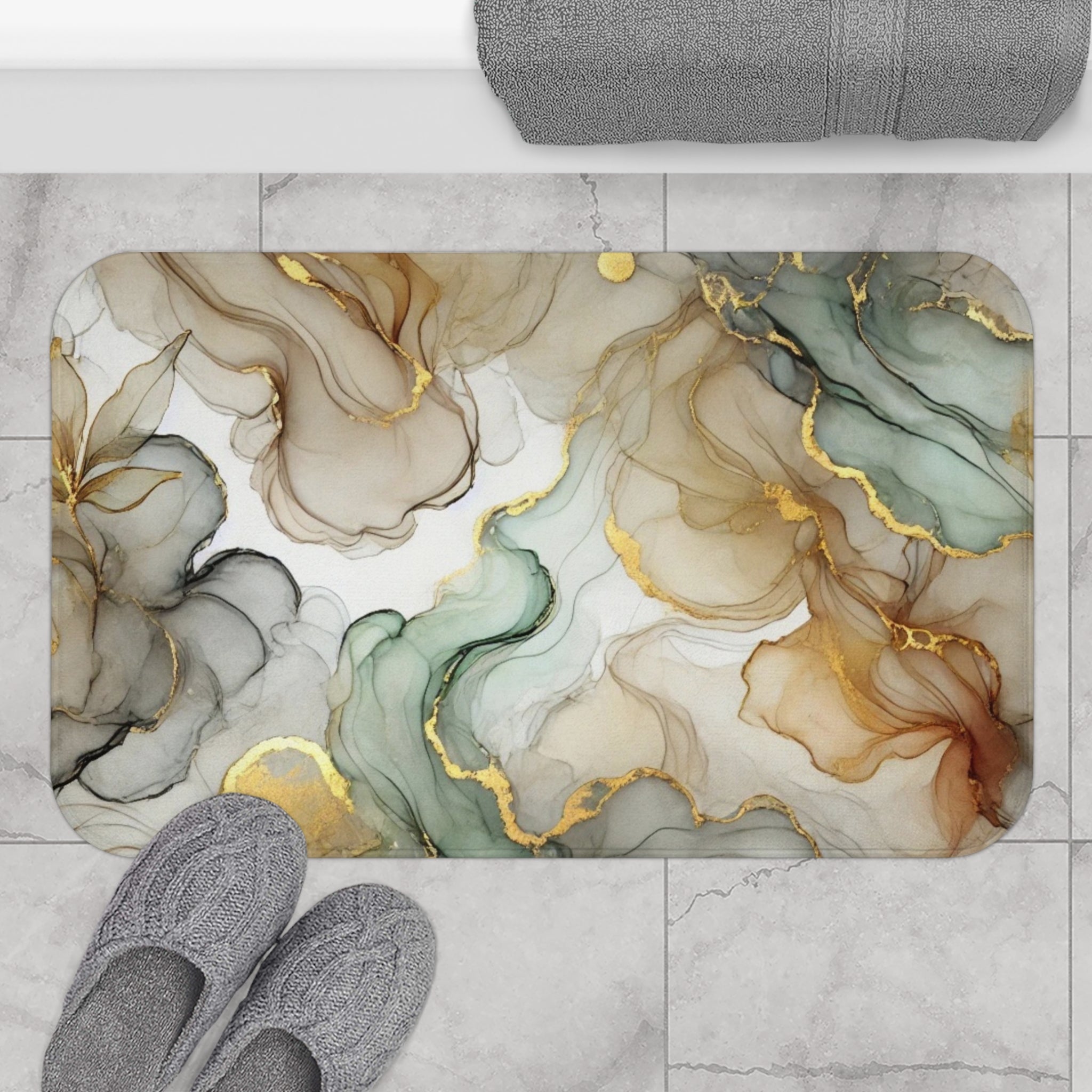 Abstract Bath Mat | Beige Green Watercolor Kitchen Mat