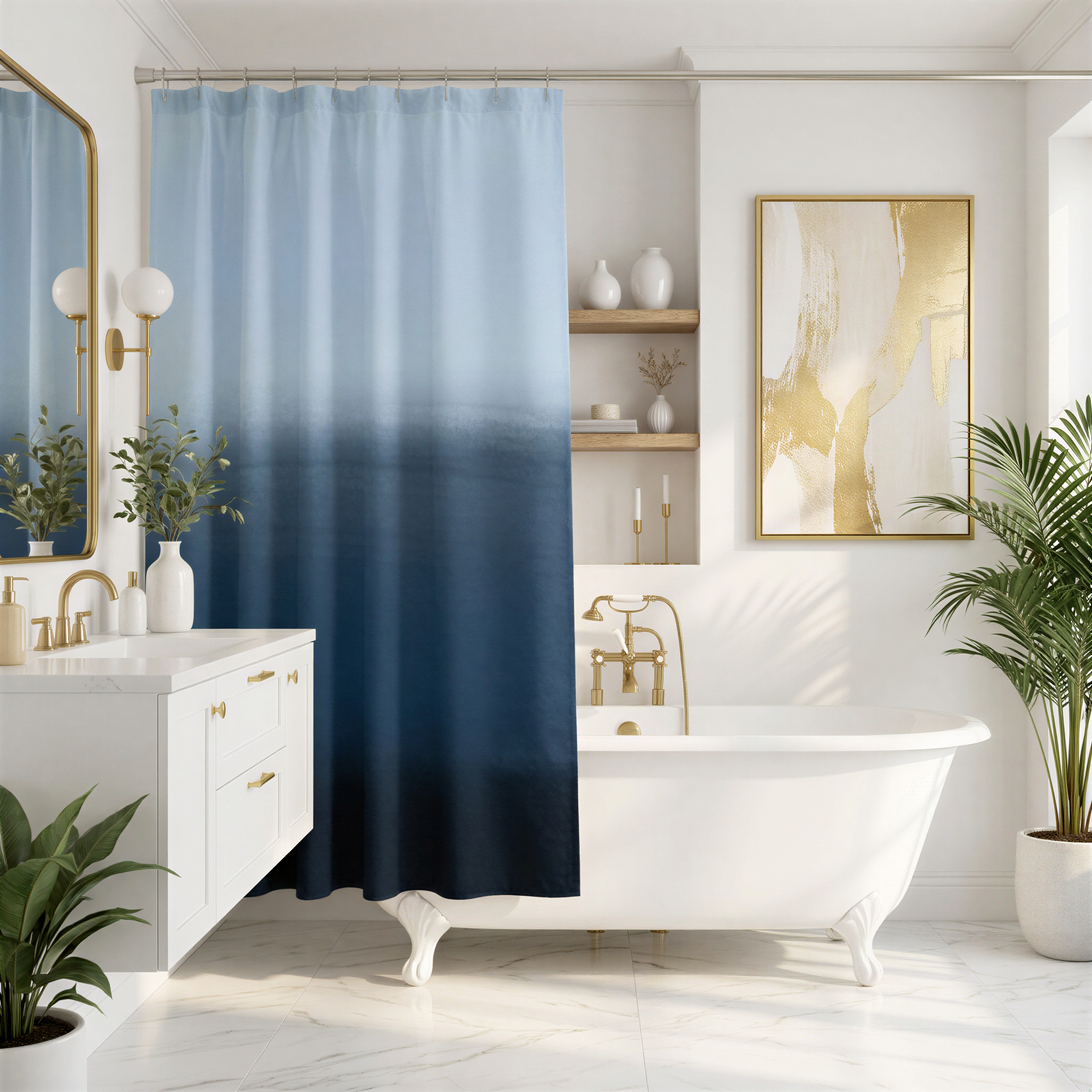 a luxurious bathroom with a white clawfoot bathtub, a blue ombre shower curtain, a white vanity with a sink, and a gold-framed mirror. The bathroom is decorated with potted plants and has a minimalist, modern design.